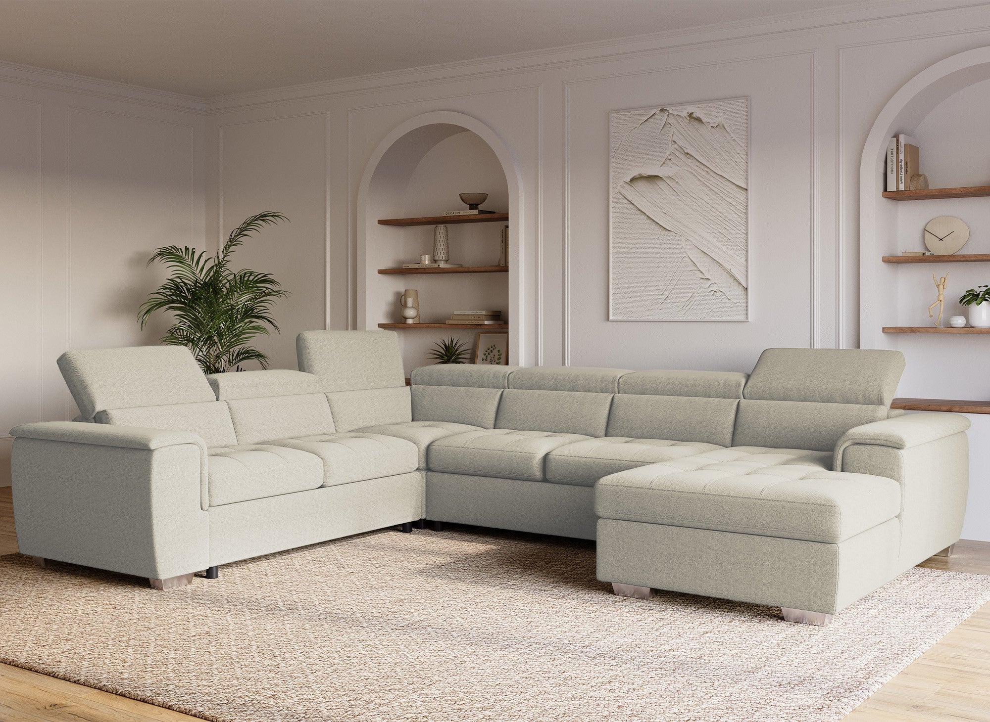 Sofá cama panorámico convertible GAELLE con compartimento de almacenamiento en tela beige - Esquina derecha