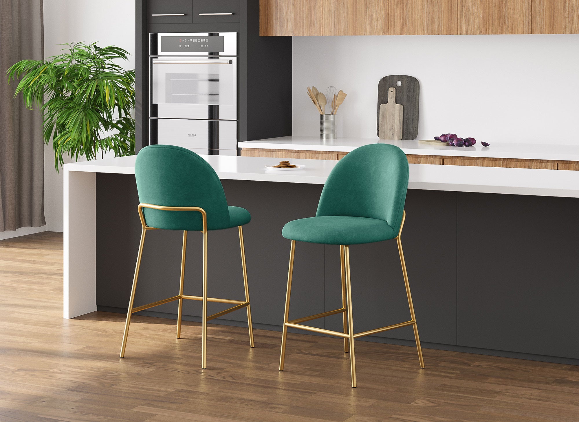 Juego de 2 taburetes de bar de diseño ARABEL en terciopelo verde