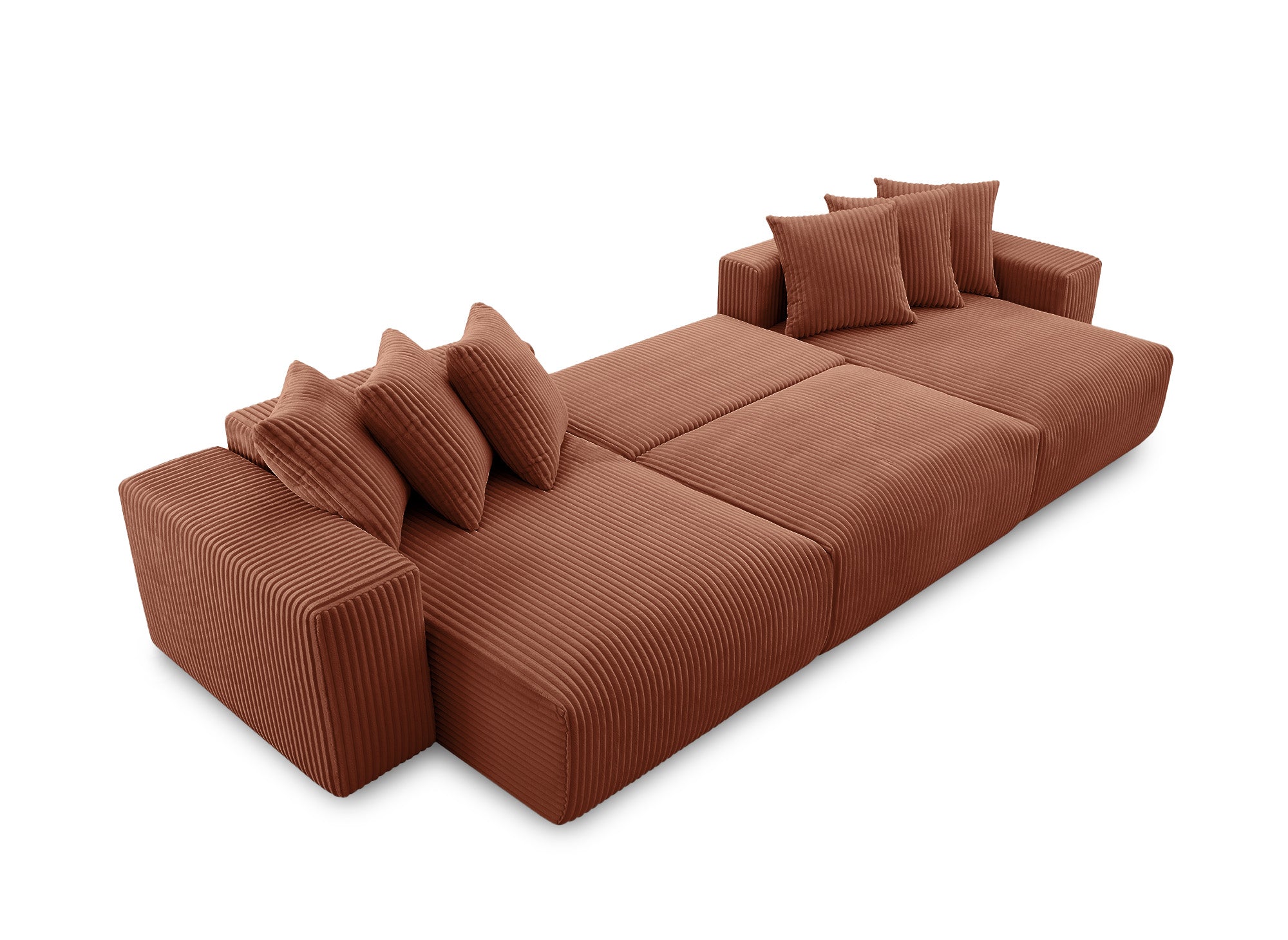 Sofá cama panorámico reversible NOELIA con almacenaje en pana gruesa color terracota