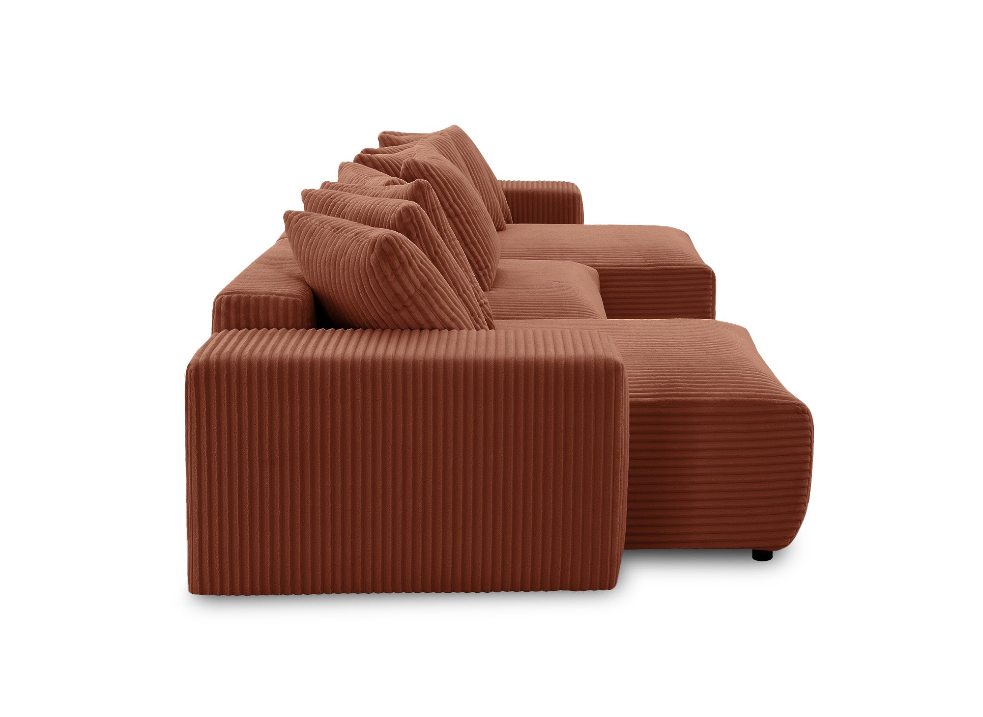 Sofá cama panorámico reversible NOELIA con almacenaje en pana gruesa color terracota