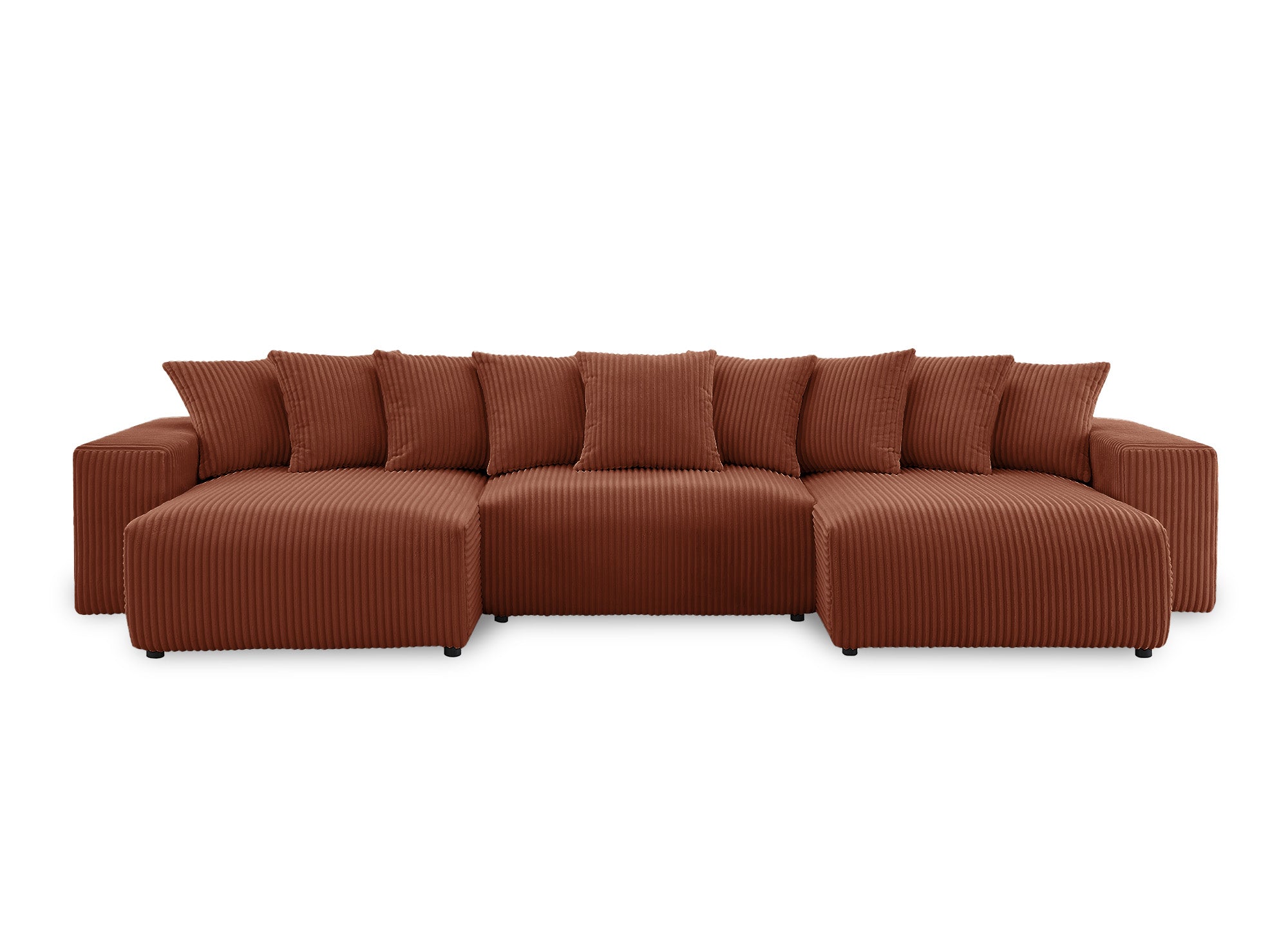 Sofá cama panorámico reversible NOELIA con almacenaje en pana gruesa color terracota