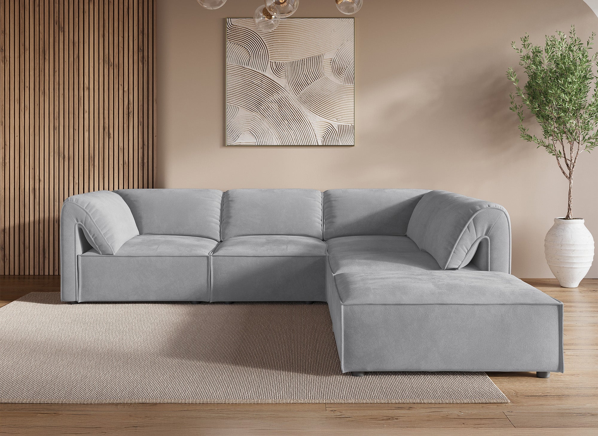 Sofá esquinero modular HARINA en terciopelo gris