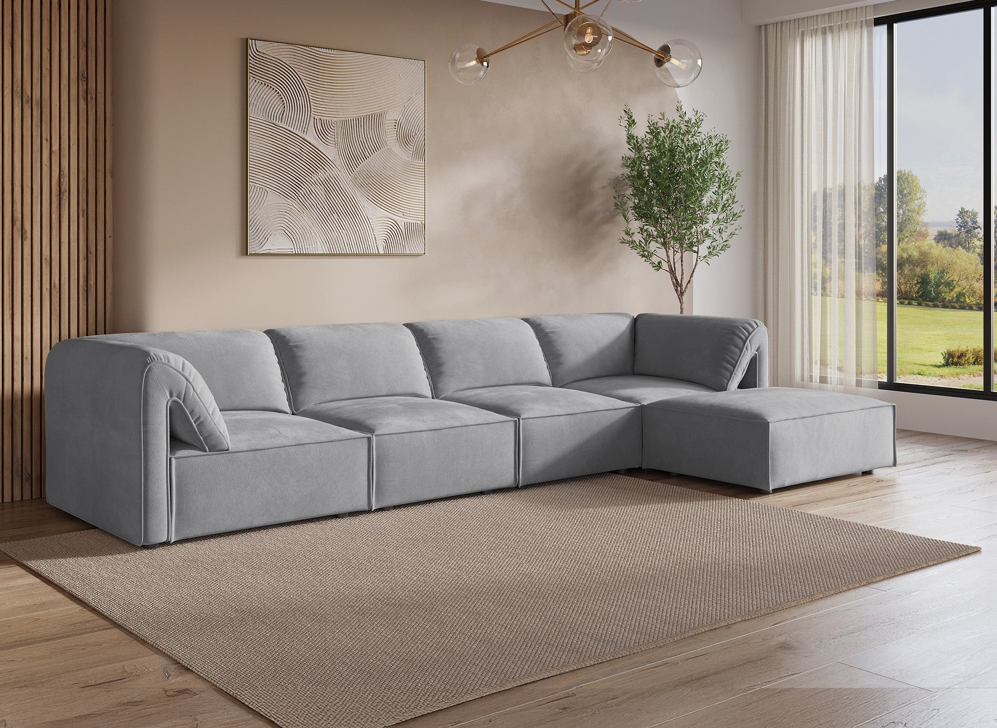 Sofá esquinero modular HARINA en terciopelo gris