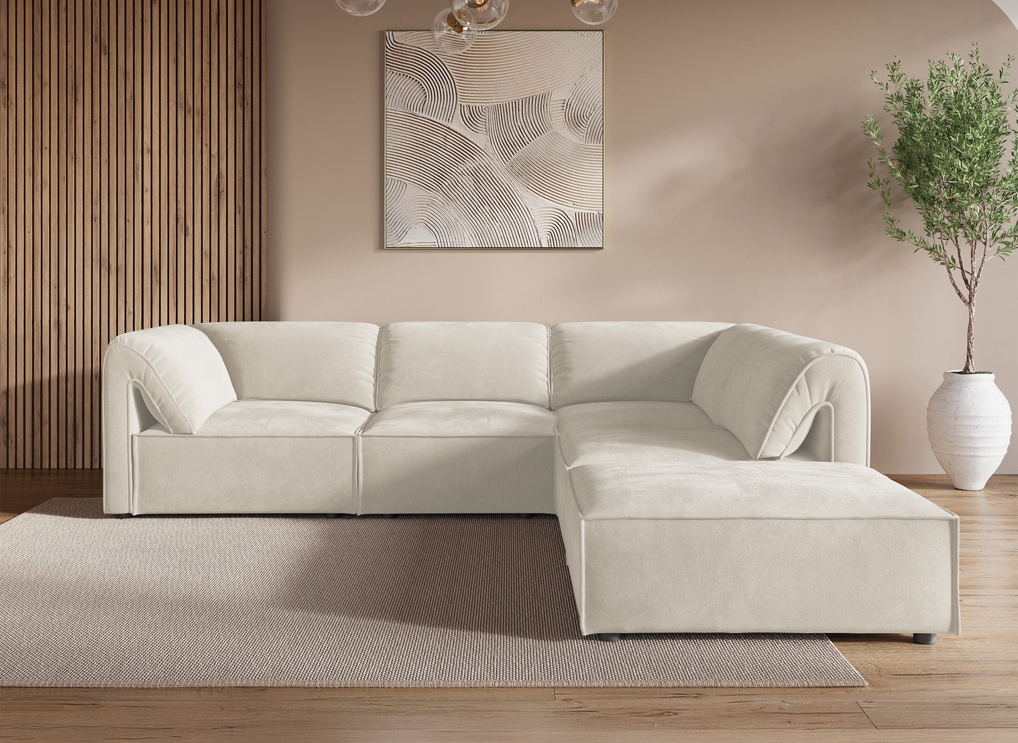 Sofá esquinero modular HARINA en terciopelo beige