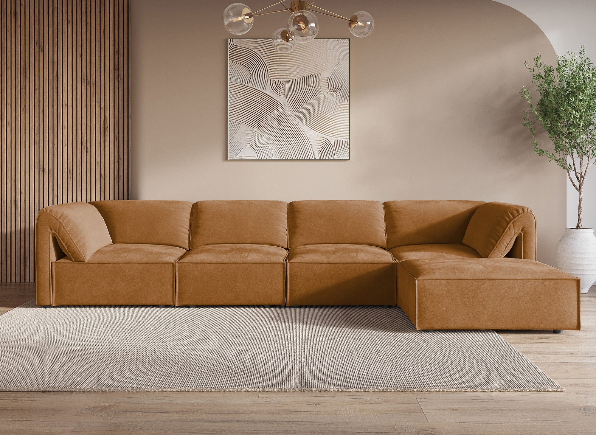 Sofá esquinero modular HARINA en terciopelo mostaza