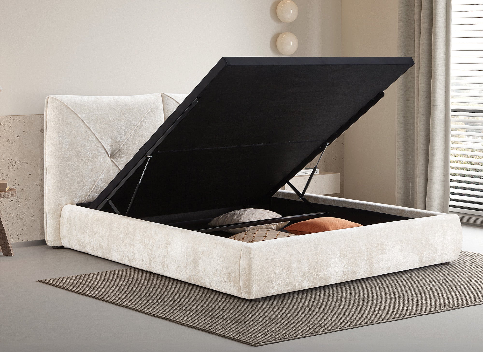 Cama de almacenaje NOAH de 160x200 cm, color beige, de suave tela de rizo.