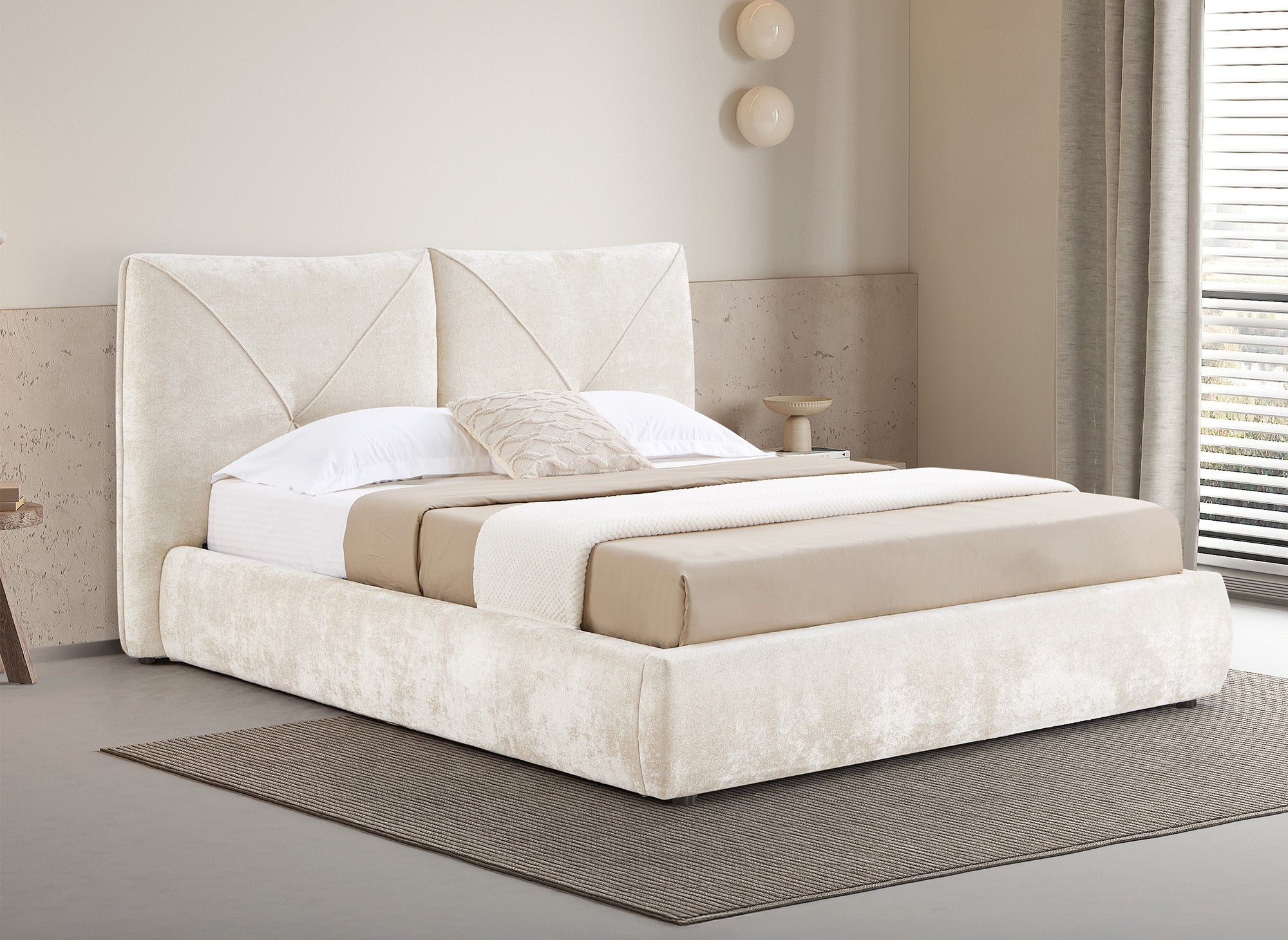 Cama de almacenaje NOAH de 160x200 cm, color beige, de suave tela de rizo.