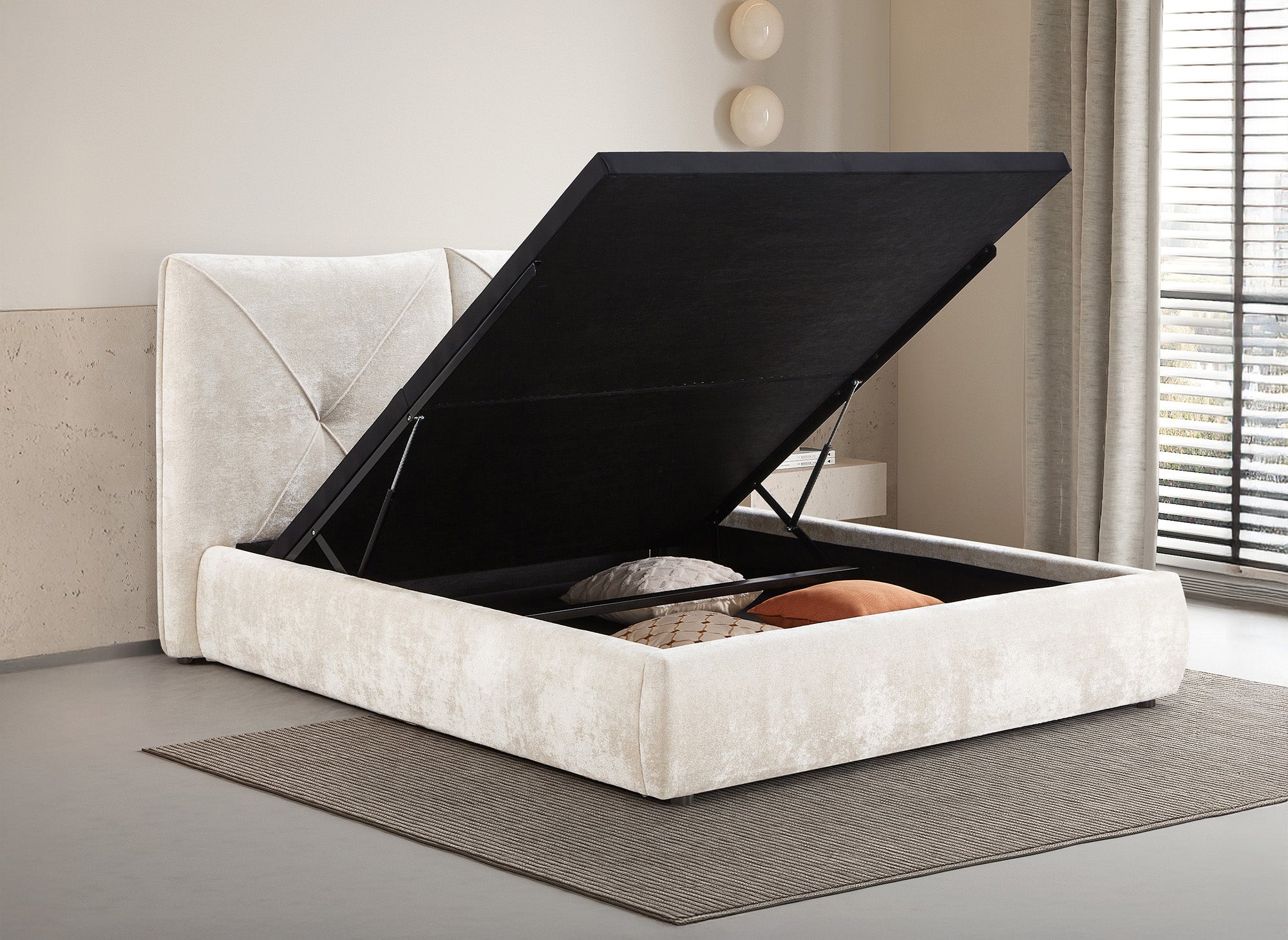 Cama NOAH de felpa suave color beige con almacenaje, 140x190 cm