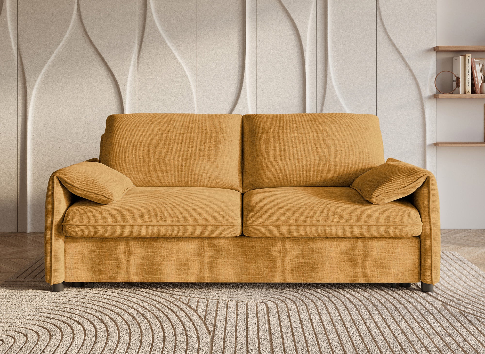 Sofá cama LAMAR de 3 plazas en terciopelo amarillo jaspeado