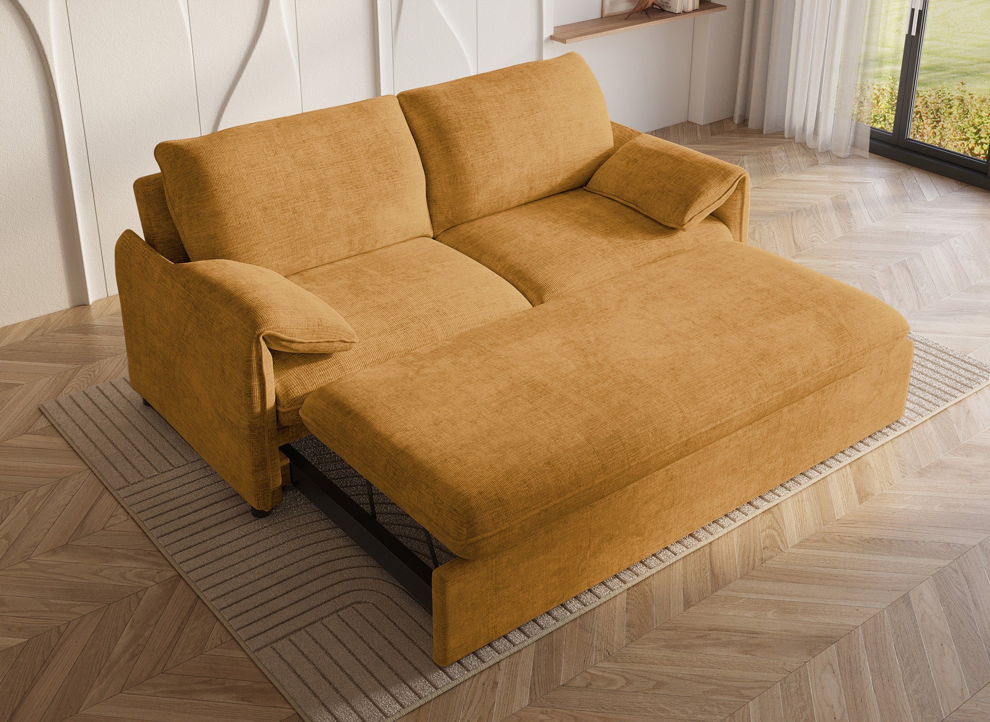 Sofá cama LAMAR de 3 plazas en terciopelo amarillo jaspeado