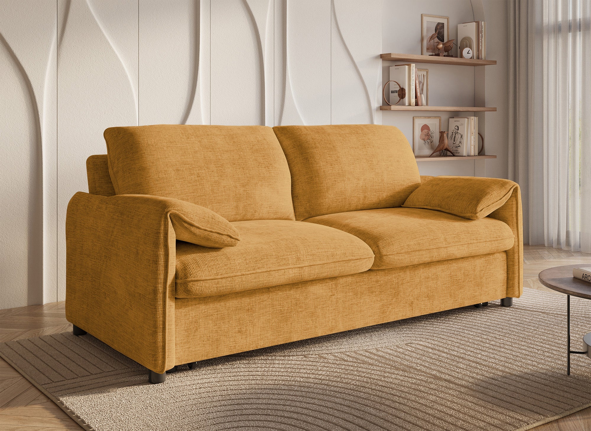 Sofá cama LAMAR de 3 plazas en terciopelo amarillo jaspeado