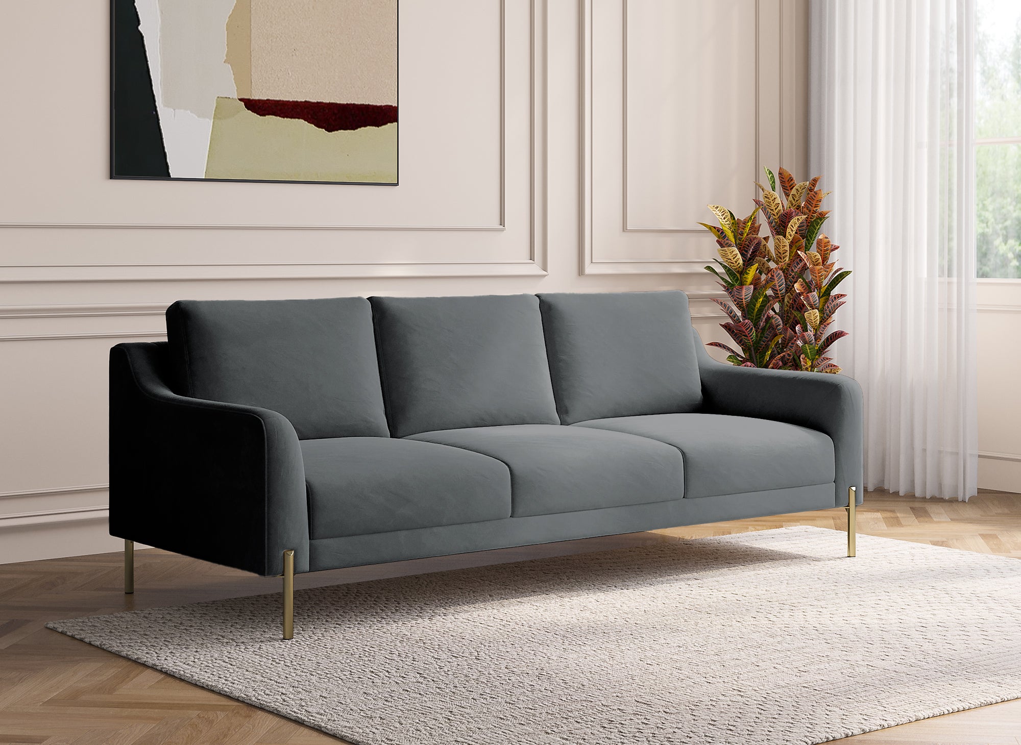 Sofá recto de 3 plazas CELINE en terciopelo gris