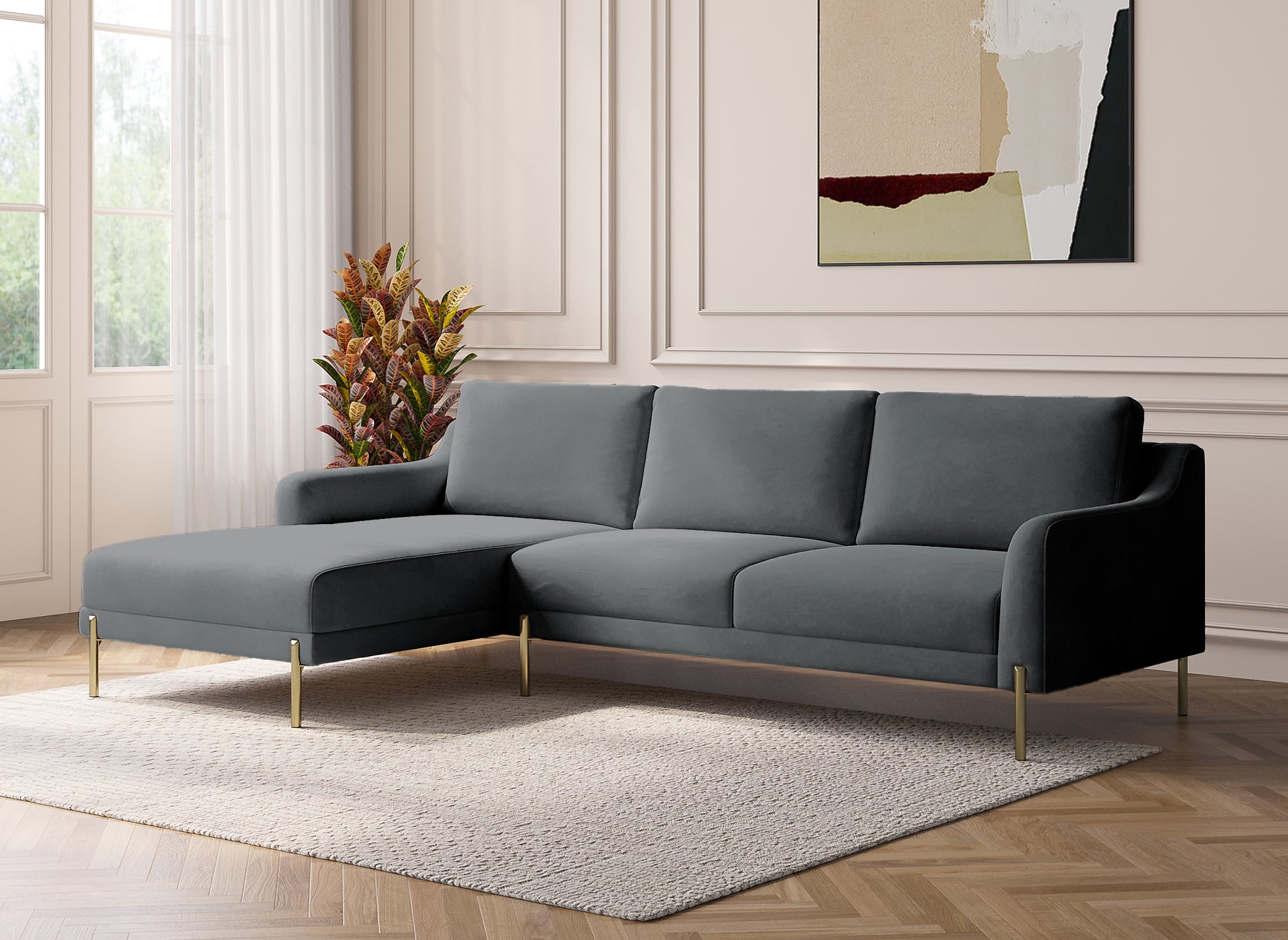 Sofá esquinero CELINE de terciopelo gris con chaise longue - Esquina izquierda