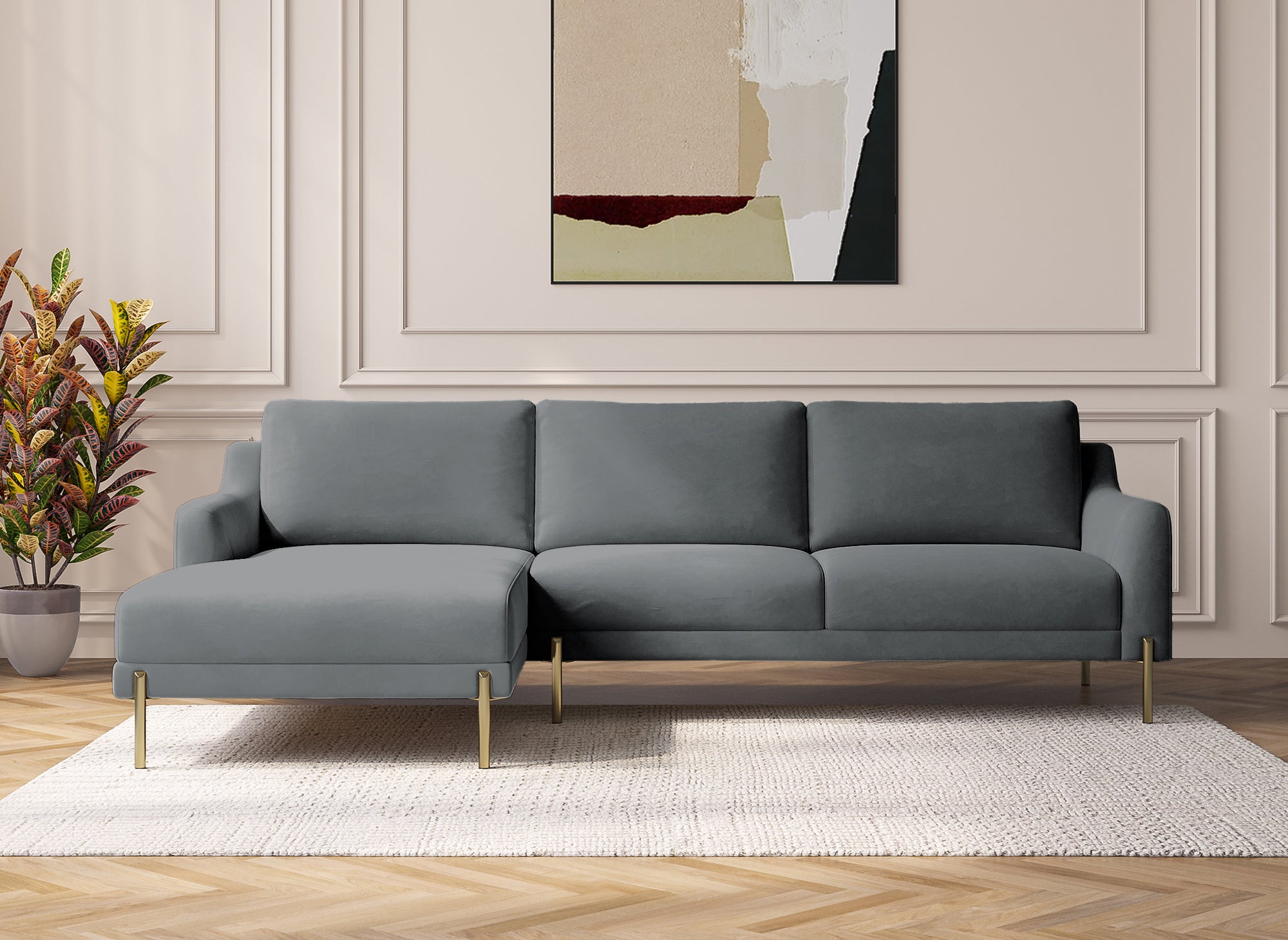 Sofá esquinero CELINE de terciopelo gris con chaise longue - Esquina izquierda