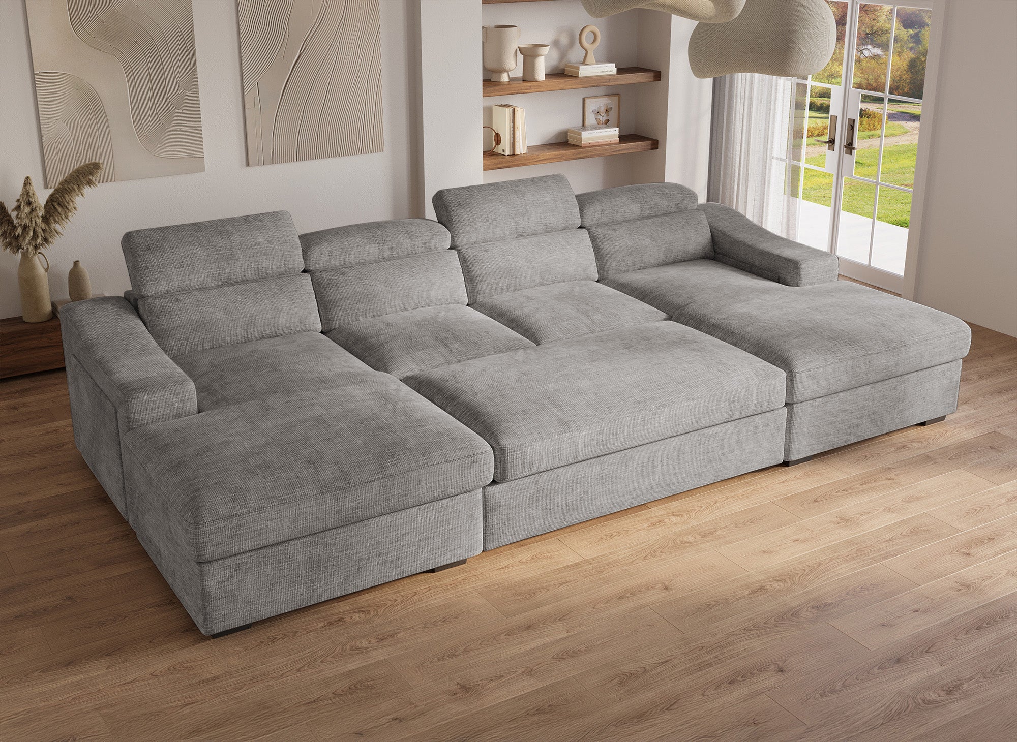 Sofá cama panorámico convertible VELORA con 2 compartimentos de almacenamiento en terciopelo gris jaspeado