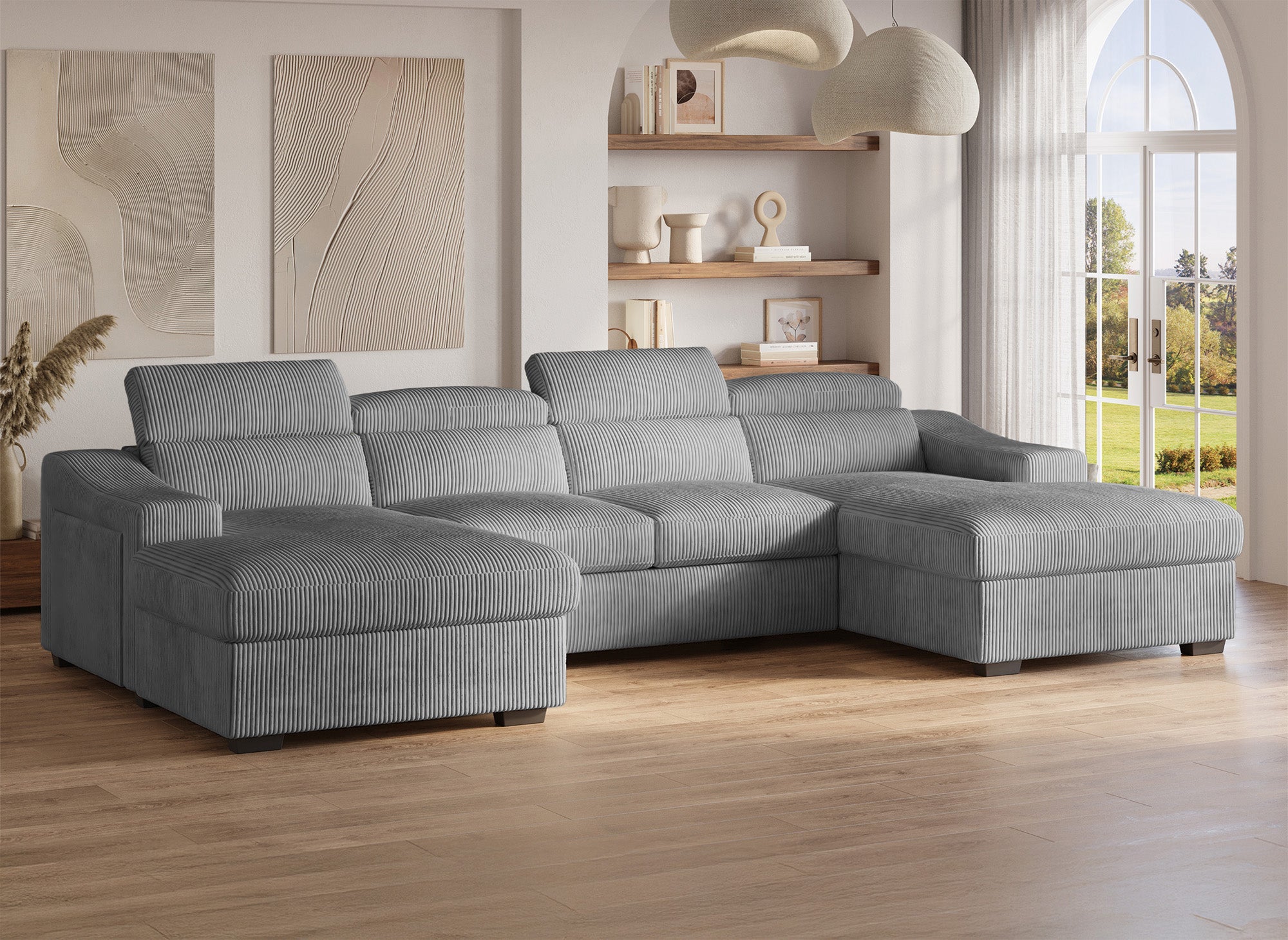 Sofá panorámico convertible VELORA con 2 compartimentos de almacenamiento en pana gris gruesa