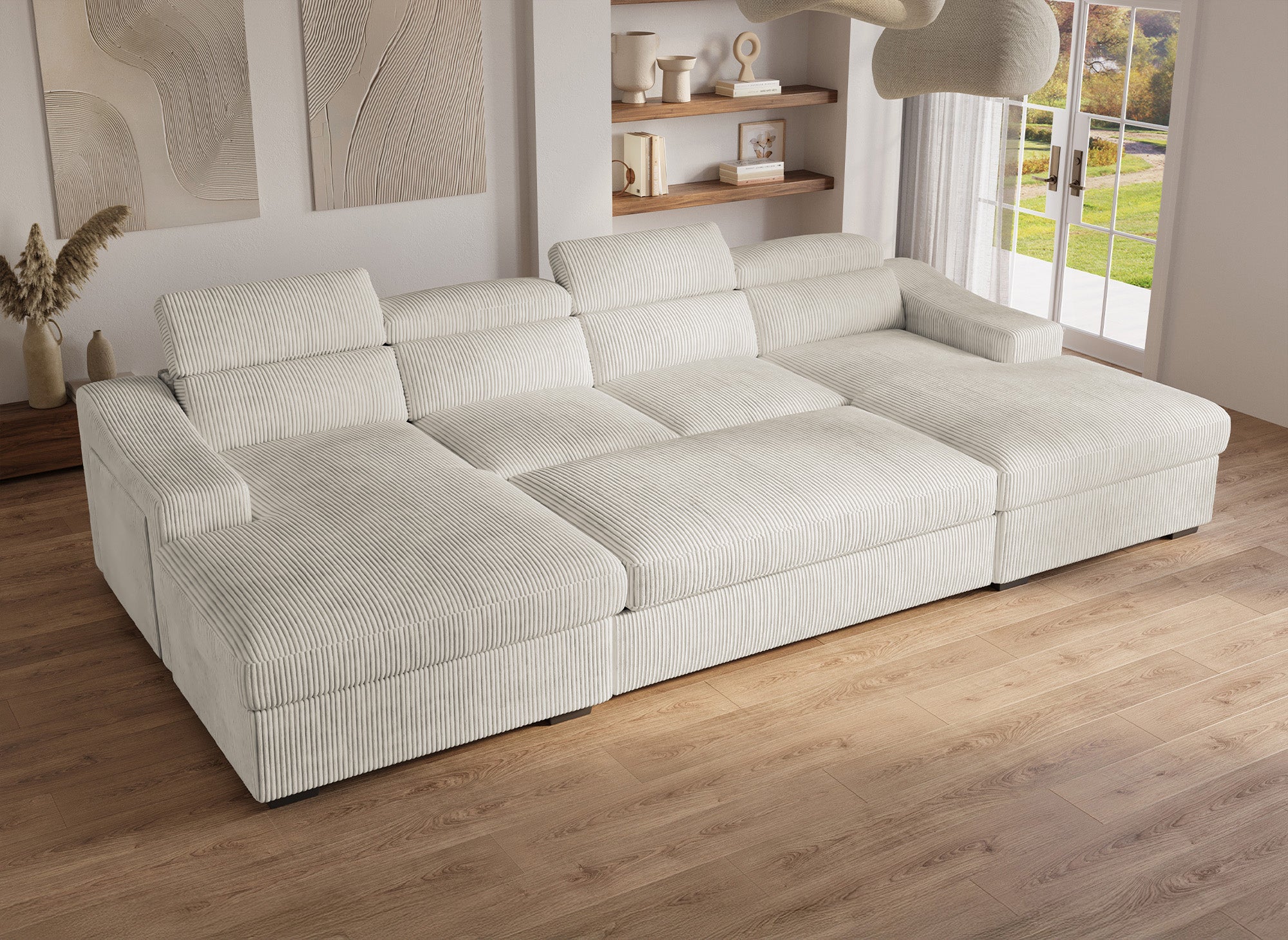 Sofá panorámico convertible VELORA con 2 compartimentos de almacenamiento en pana gruesa color beige.