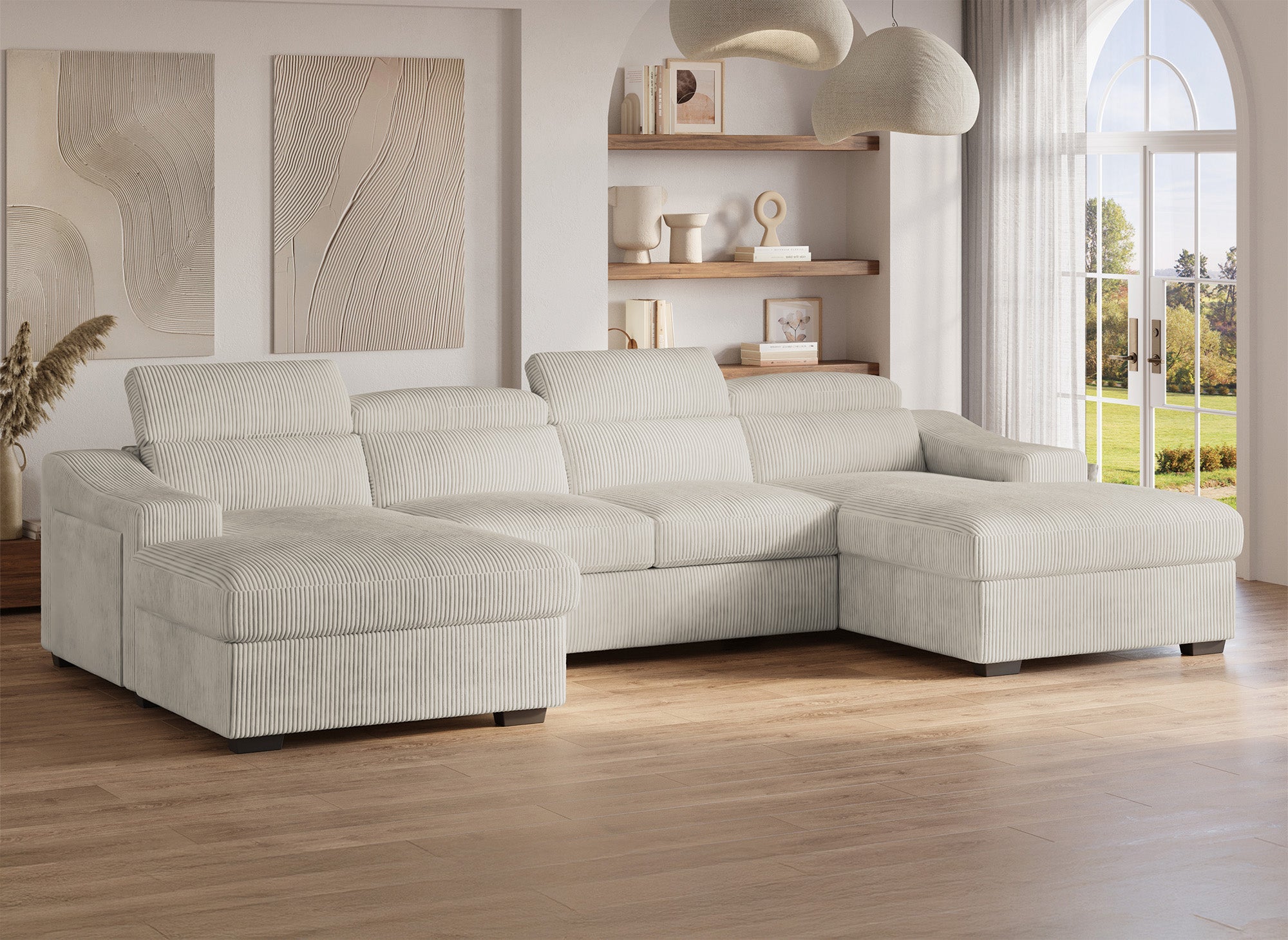 Sofá panorámico convertible VELORA con 2 compartimentos de almacenamiento en pana gruesa color beige.