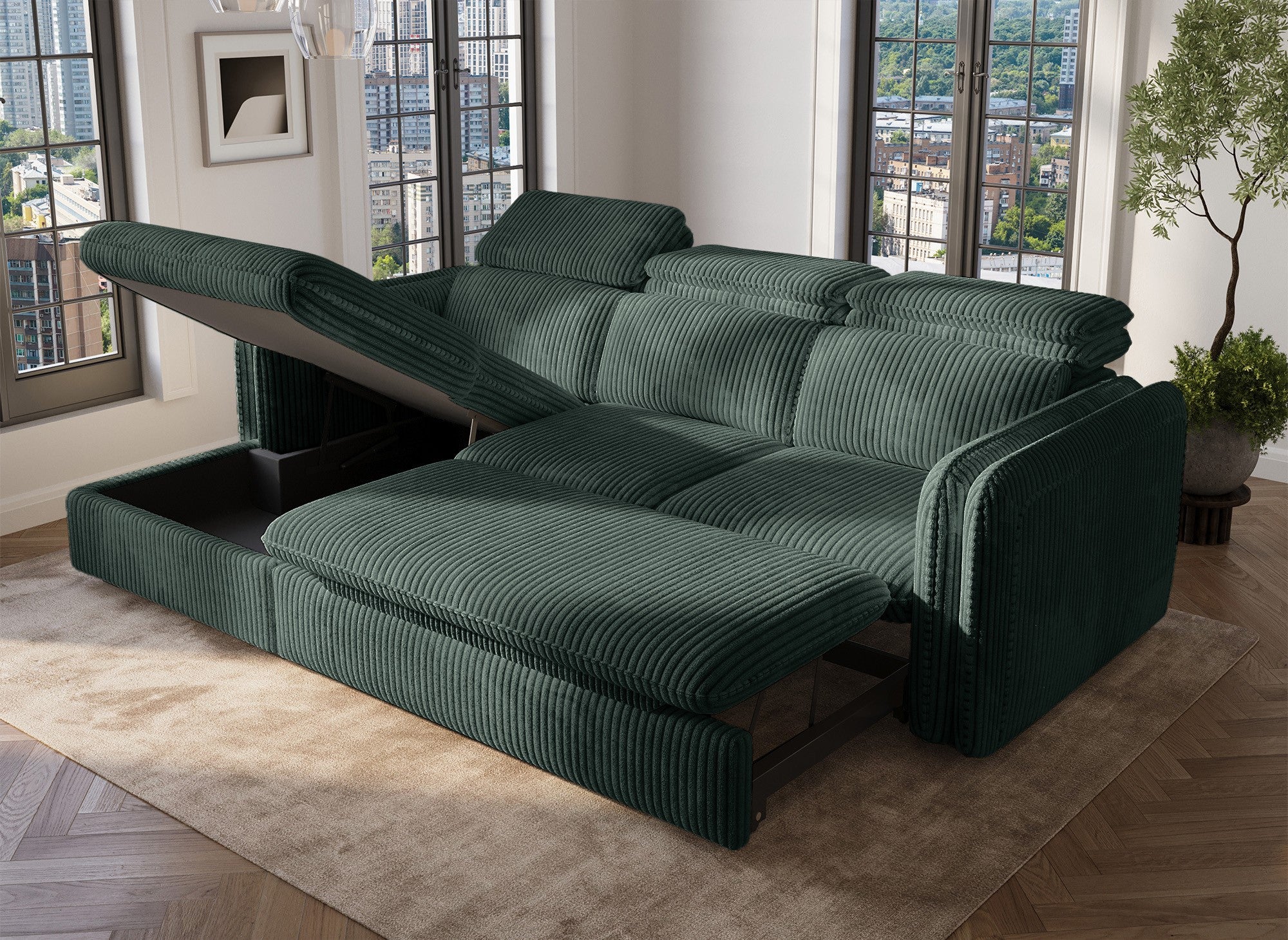 Sofá cama esquinero ISABELLA en pana verde gruesa - Esquina izquierda