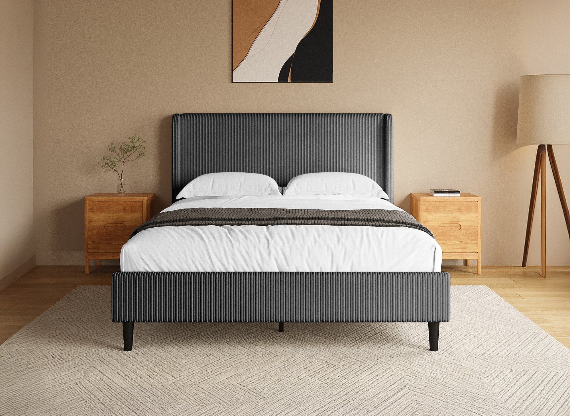 Cama doble LEVY de pana gruesa gris oscuro, 140x190 cm