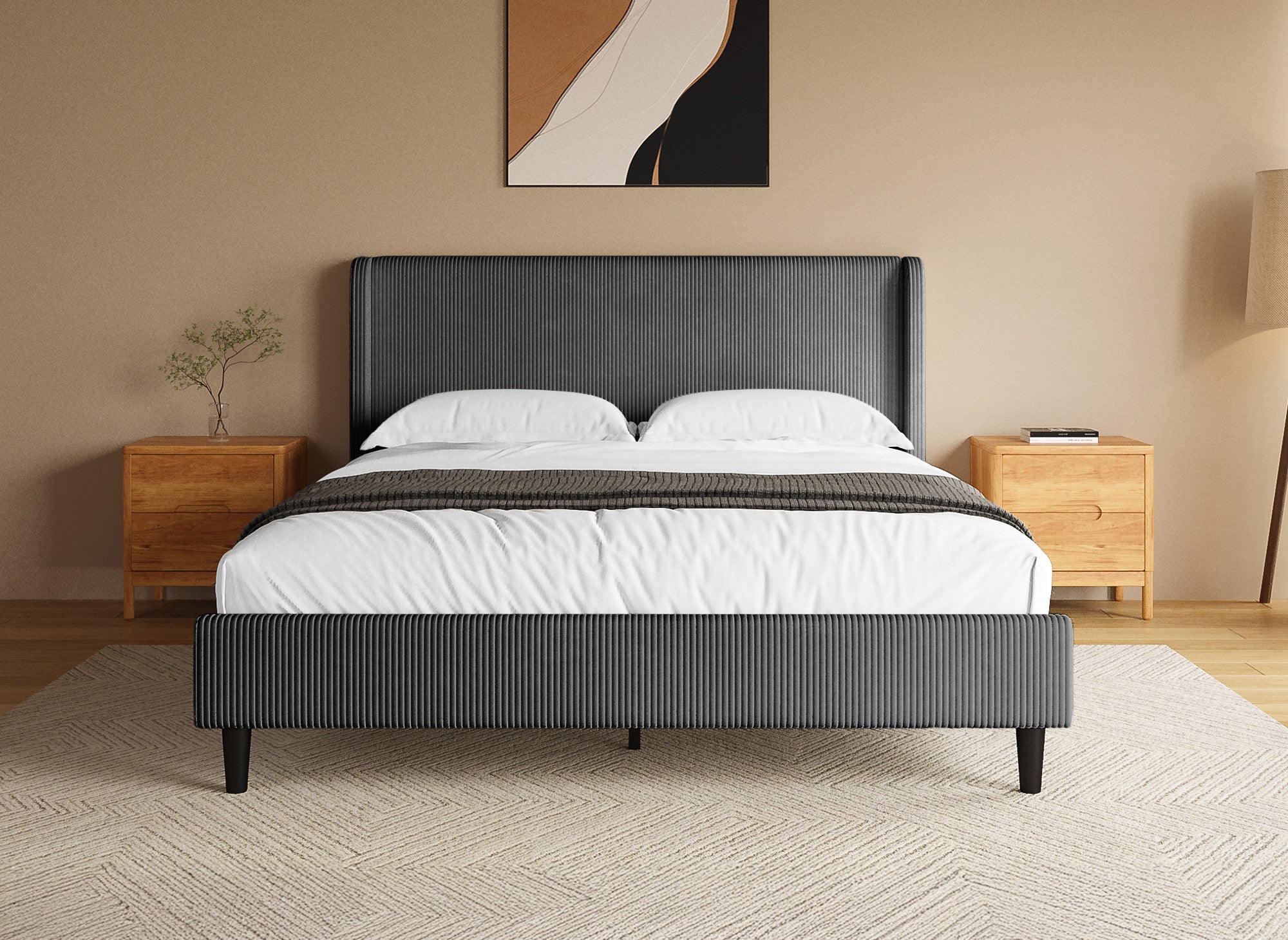 Cama doble LEVY de pana gruesa gris oscuro, 160x200 cm