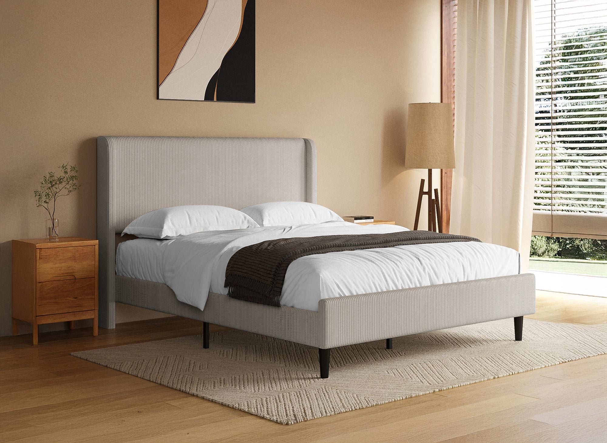 Cama doble en pana gruesa color topo 140x190cm LEVY