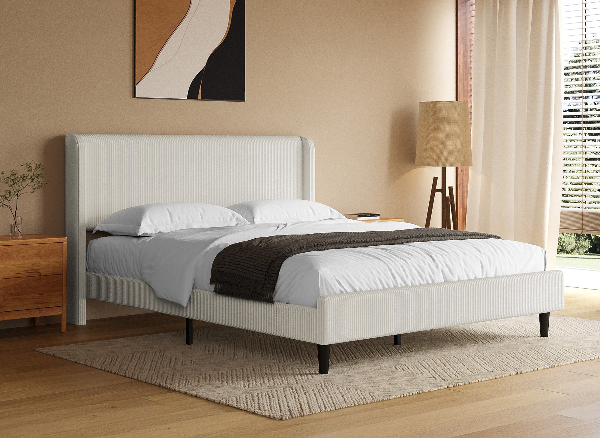 Cama doble de pana gruesa color beige 160x200cm LEVY