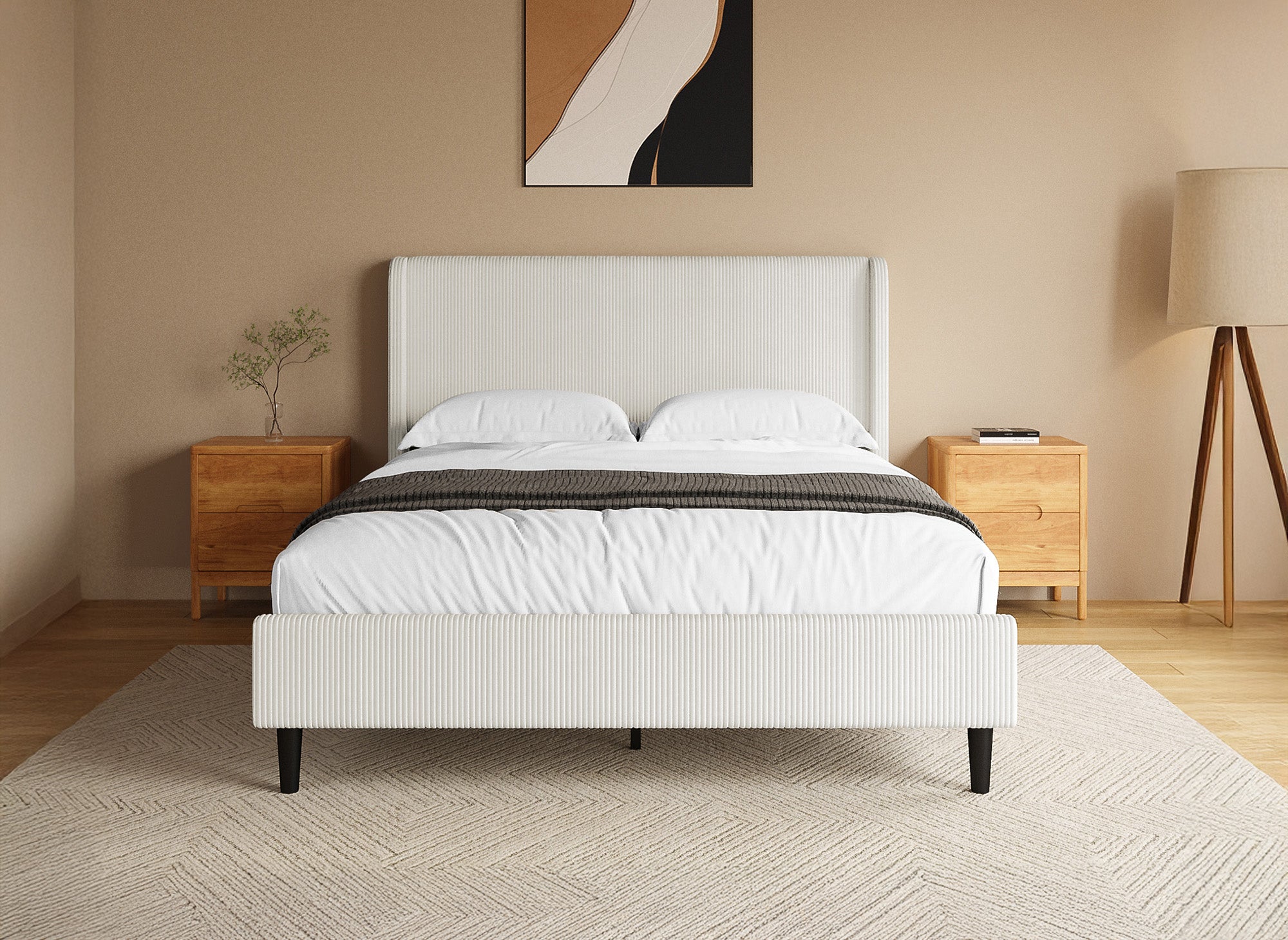 Cama doble en pana gruesa color beige 140x190cm LEVY