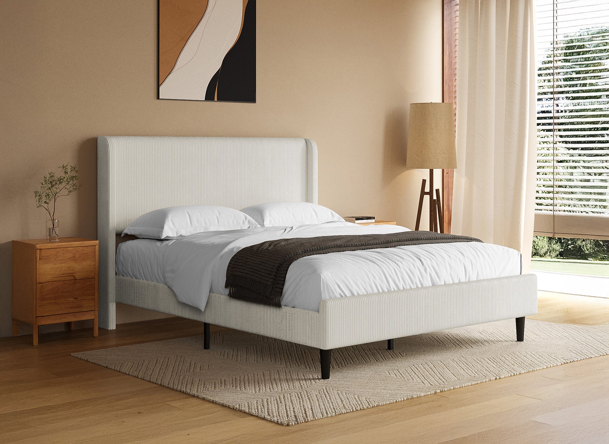 Cama doble en pana gruesa color beige 140x190cm LEVY