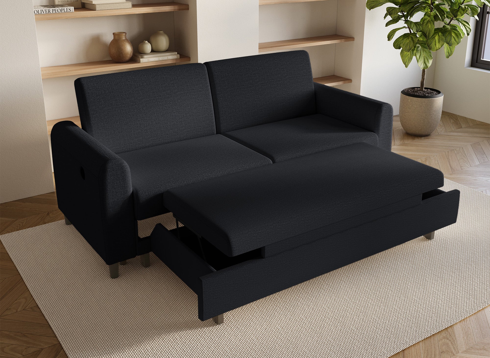 Sofá cama de 3 plazas ROSS en tela de lino negra