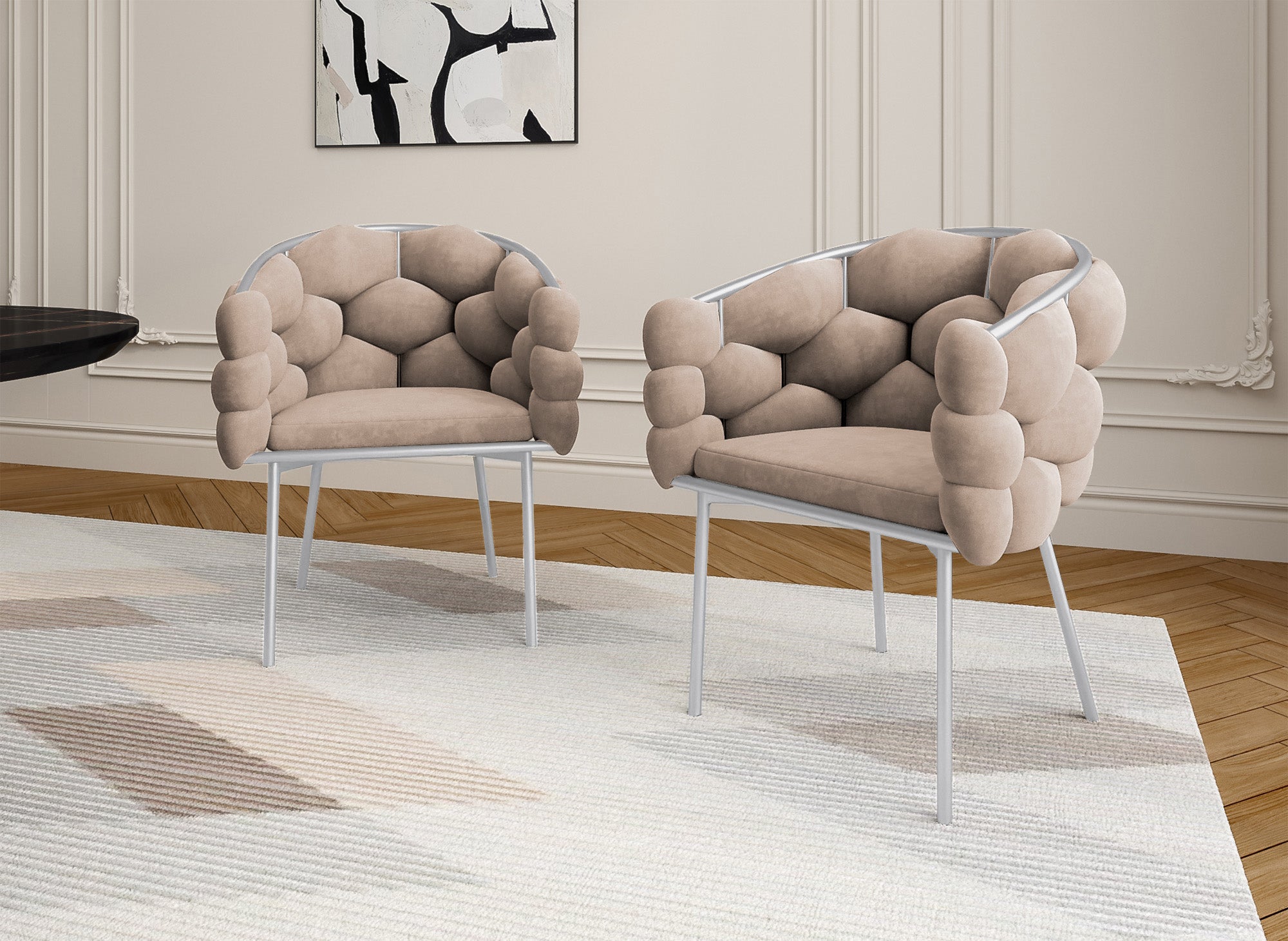 Juego de 2 sillas CHARLOTTE de terciopelo beige con patas de metal plateado