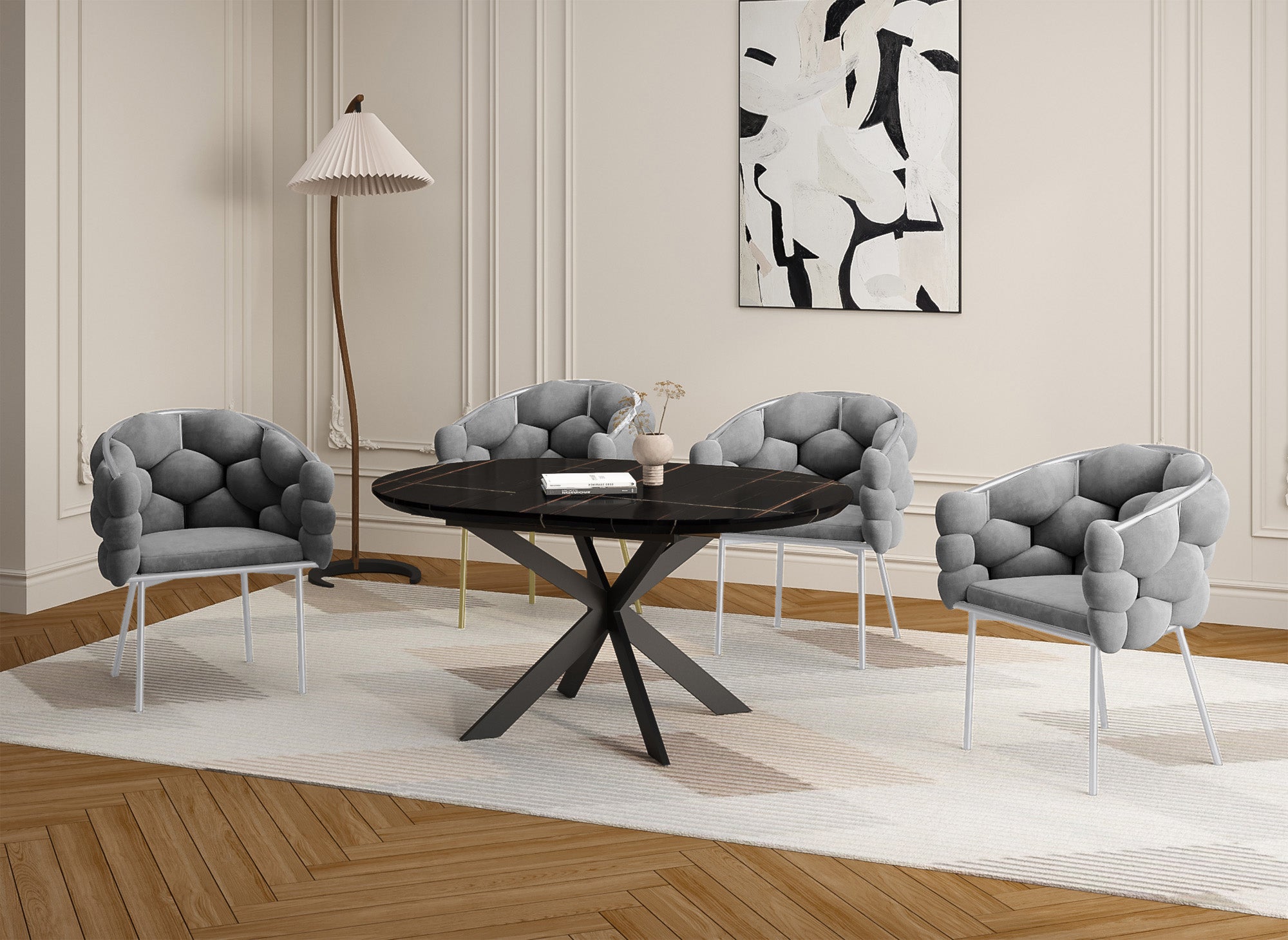 Juego de 2 sillas CHARLOTTE en terciopelo gris con patas de metal plateado