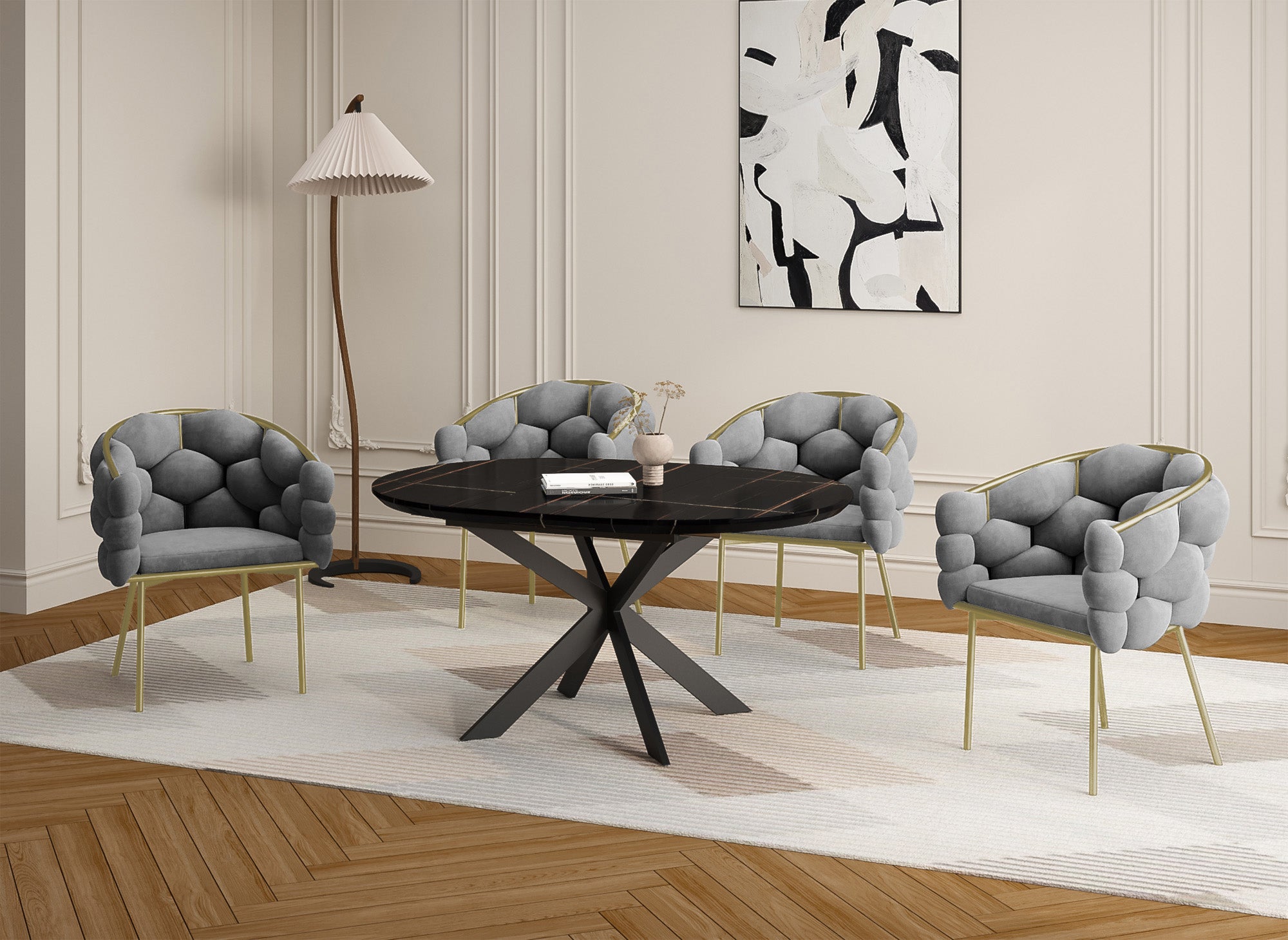 Juego de 2 sillas CHARLOTTE en terciopelo gris con patas de metal dorado