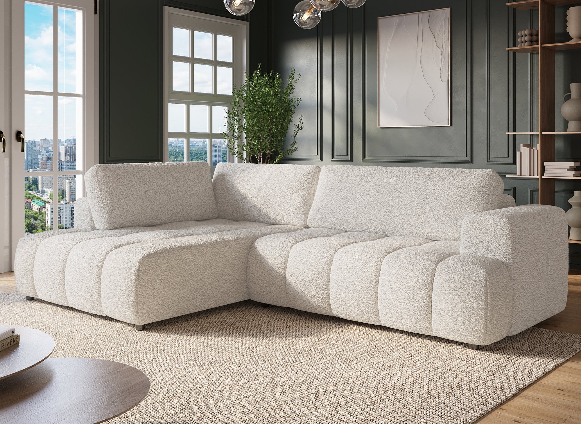 Sofá esquinero convertible HAVEN con almacenaje en tela bouclé color crudo - Esquina izquierda