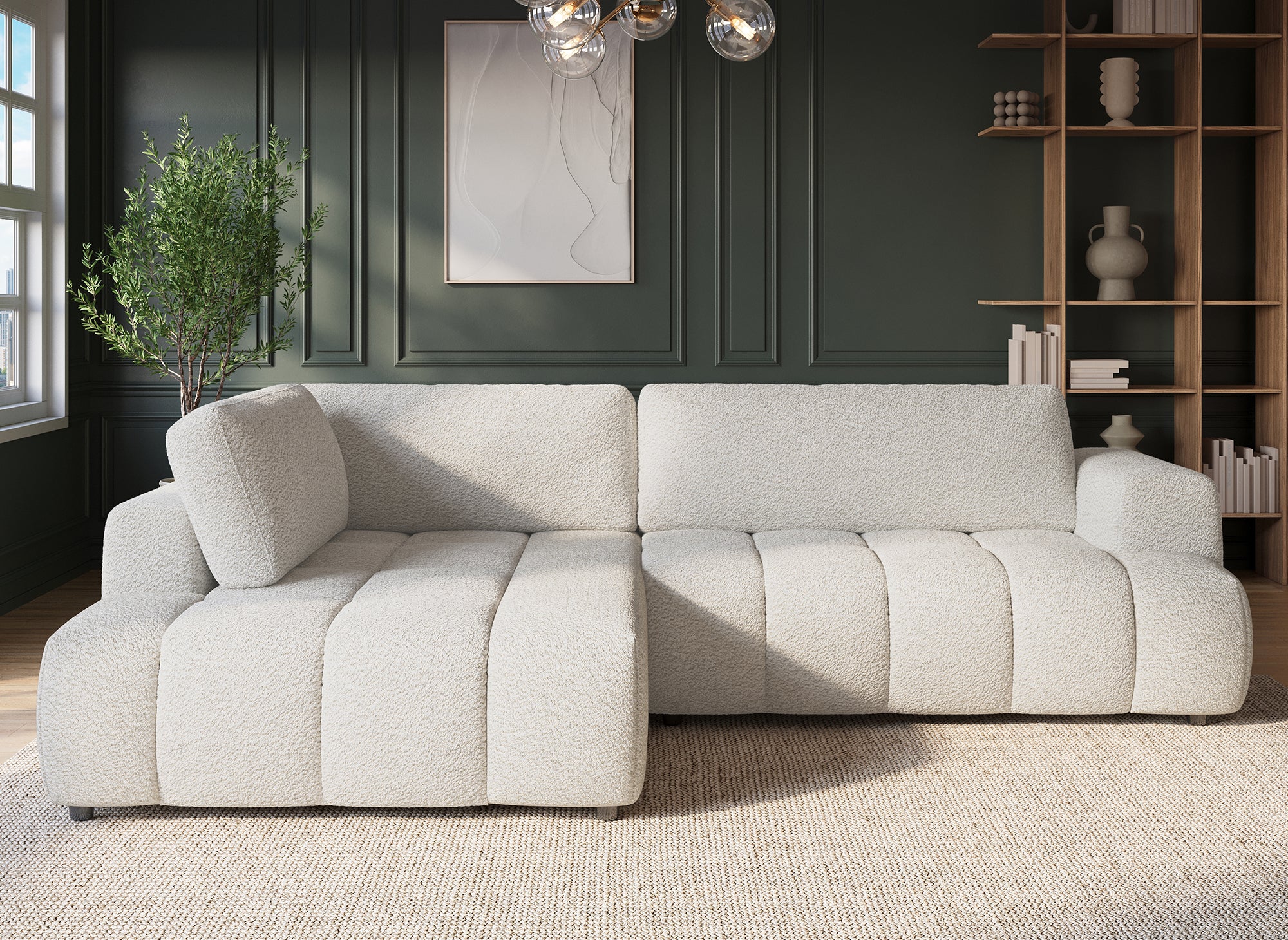 Sofá esquinero convertible HAVEN con almacenaje en tela bouclé color crudo - Esquina izquierda