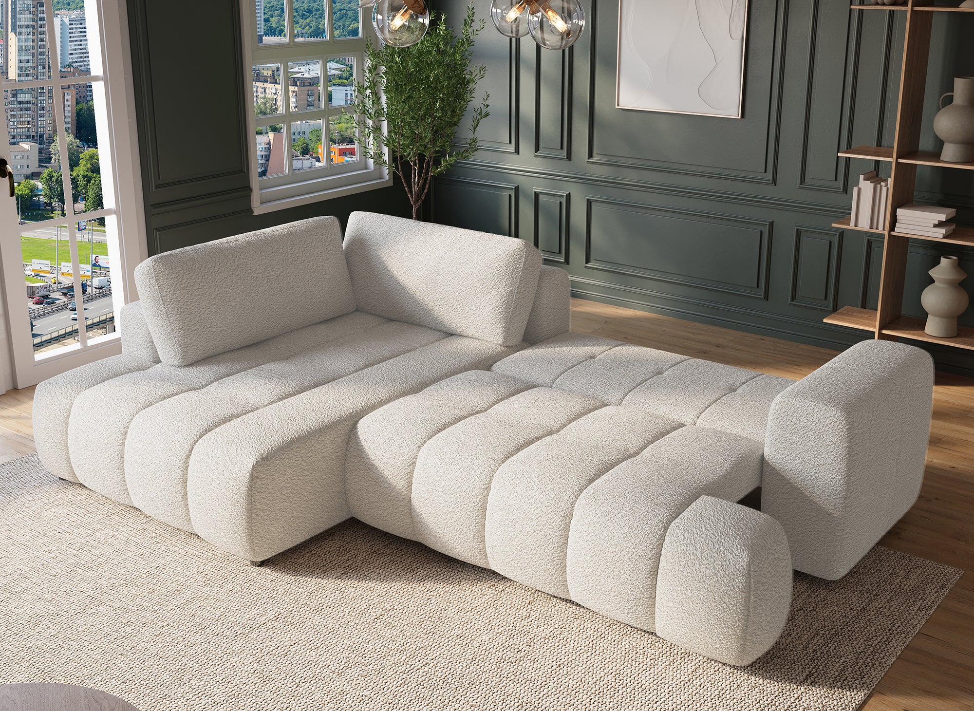 Sofá esquinero convertible HAVEN con almacenaje en tela bouclé color crudo - Esquina izquierda