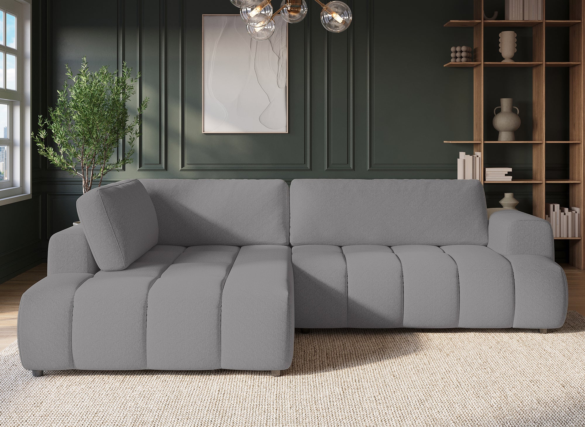 Sofá cama esquinero HAVEN con almacenaje en tela gris - Esquina izquierda