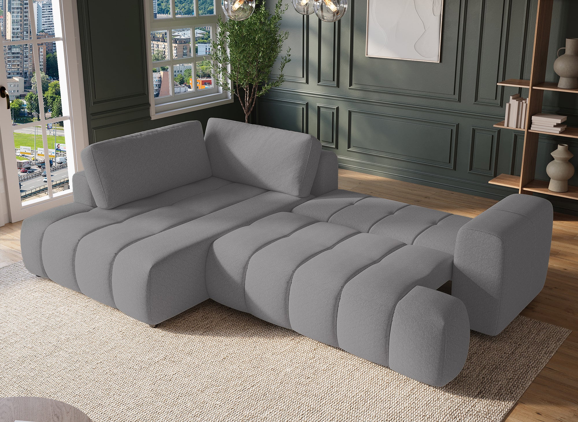 Sofá cama esquinero HAVEN con almacenaje en tela gris - Esquina izquierda