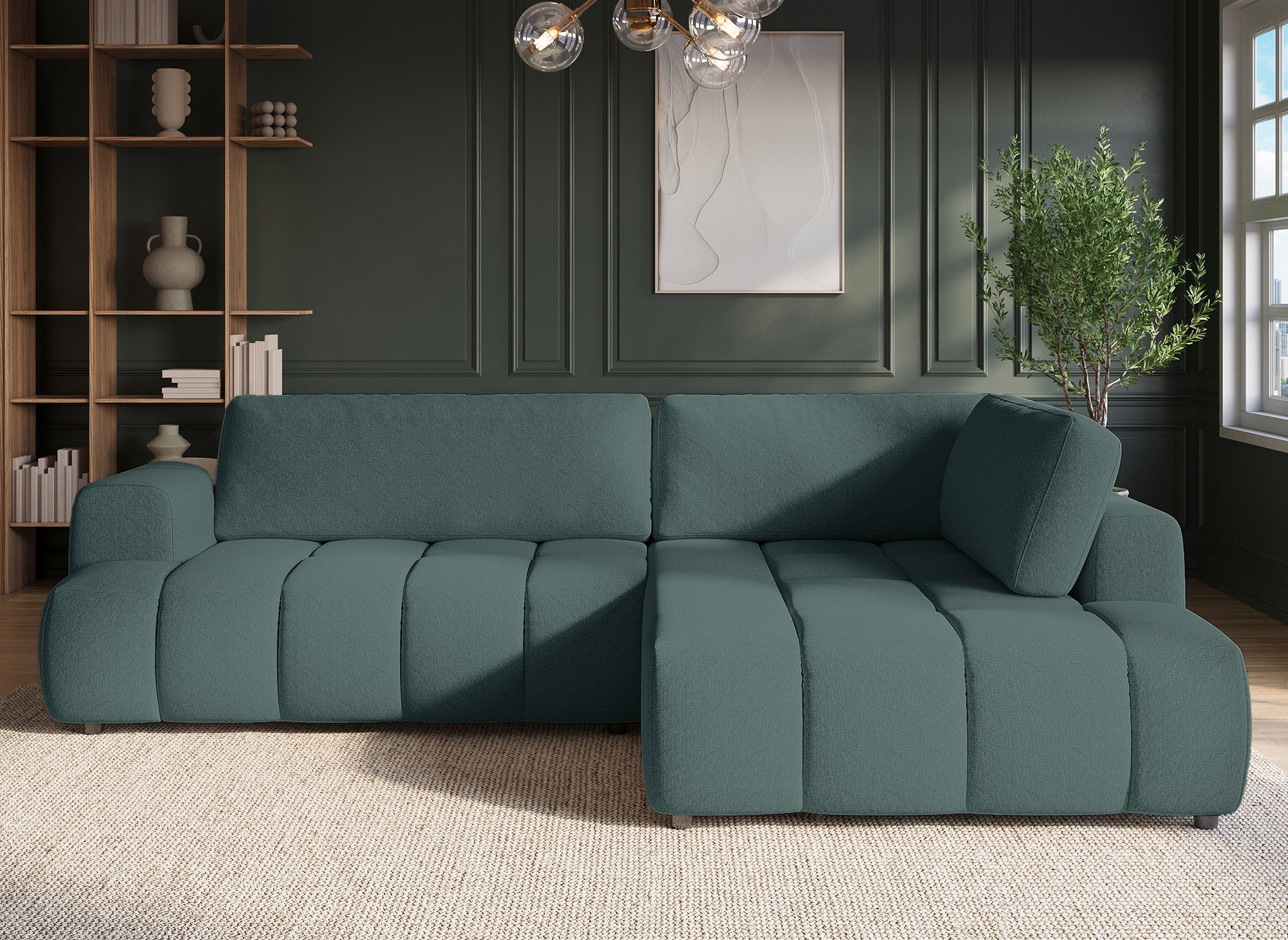 Sofá esquinero convertible HAVEN con almacenaje en tela verde oliva - Esquinero derecho