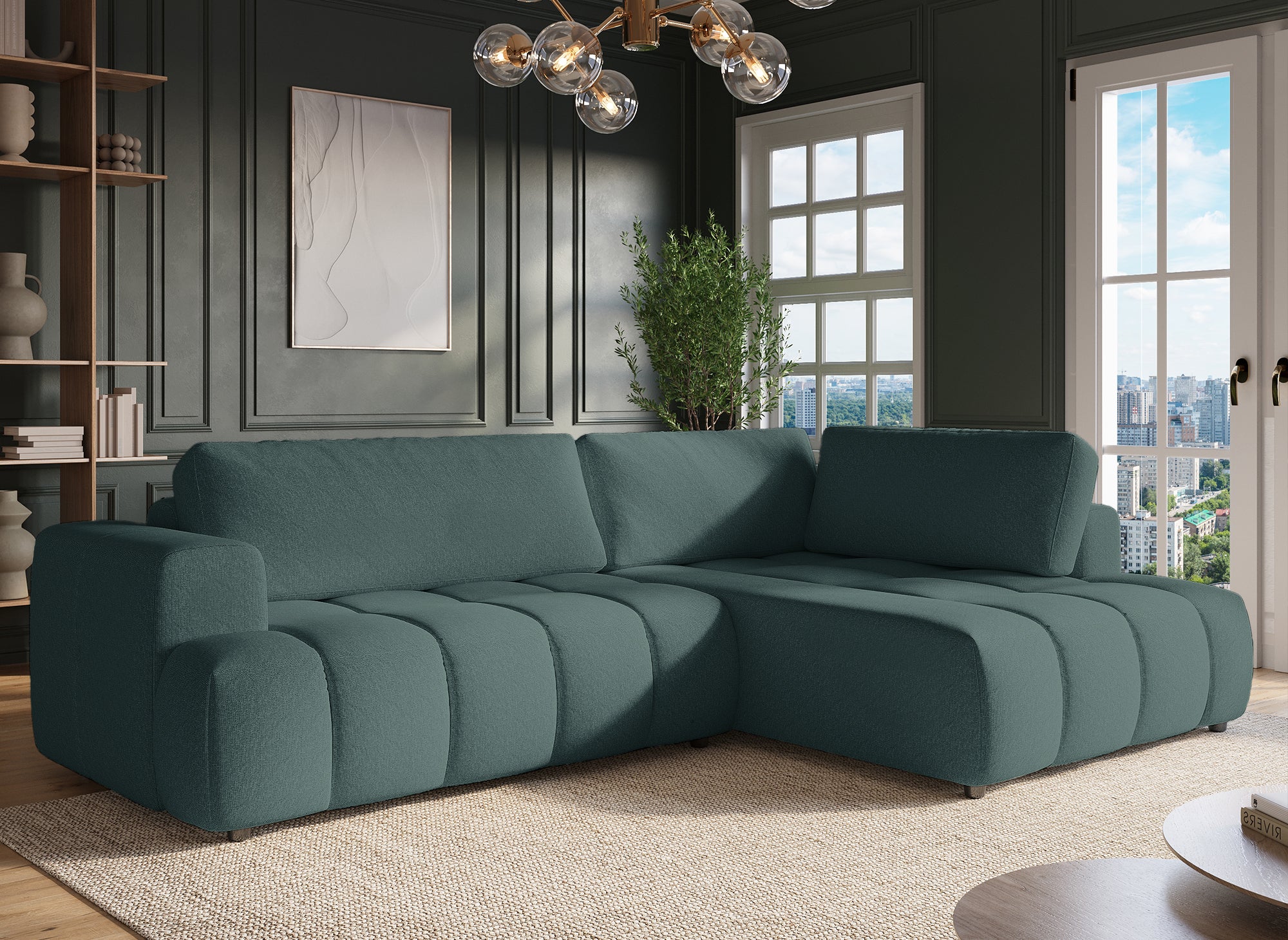 Sofá esquinero convertible HAVEN con almacenaje en tela verde oliva - Esquinero derecho