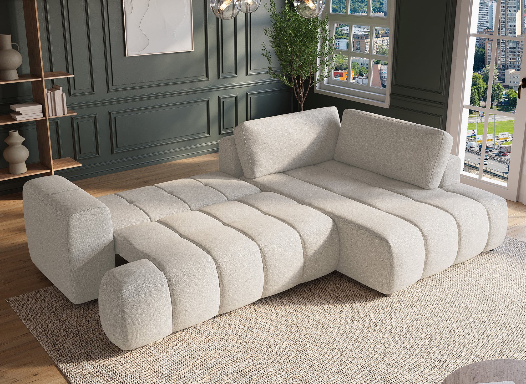 Sofá esquinero convertible HAVEN con almacenaje en tela beige - Esquinero derecho