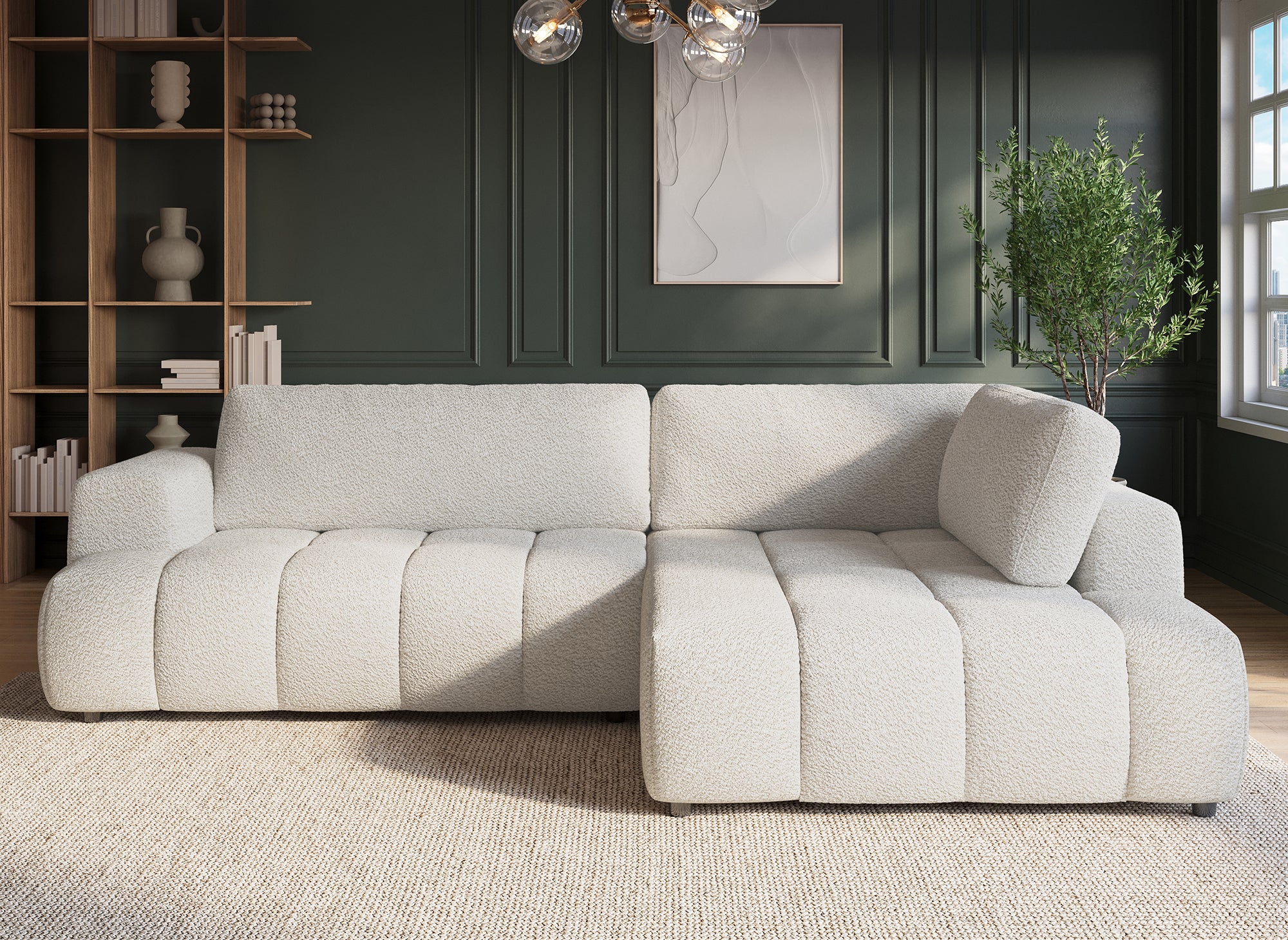 Sofá esquinero convertible HAVEN con almacenaje en tela bouclé color crudo - Esquinero derecho