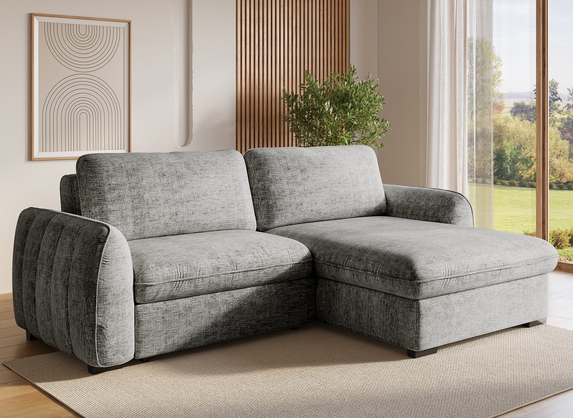 Sofá esquinero convertible y reversible LIORA con almacenaje en terciopelo gris jaspeado