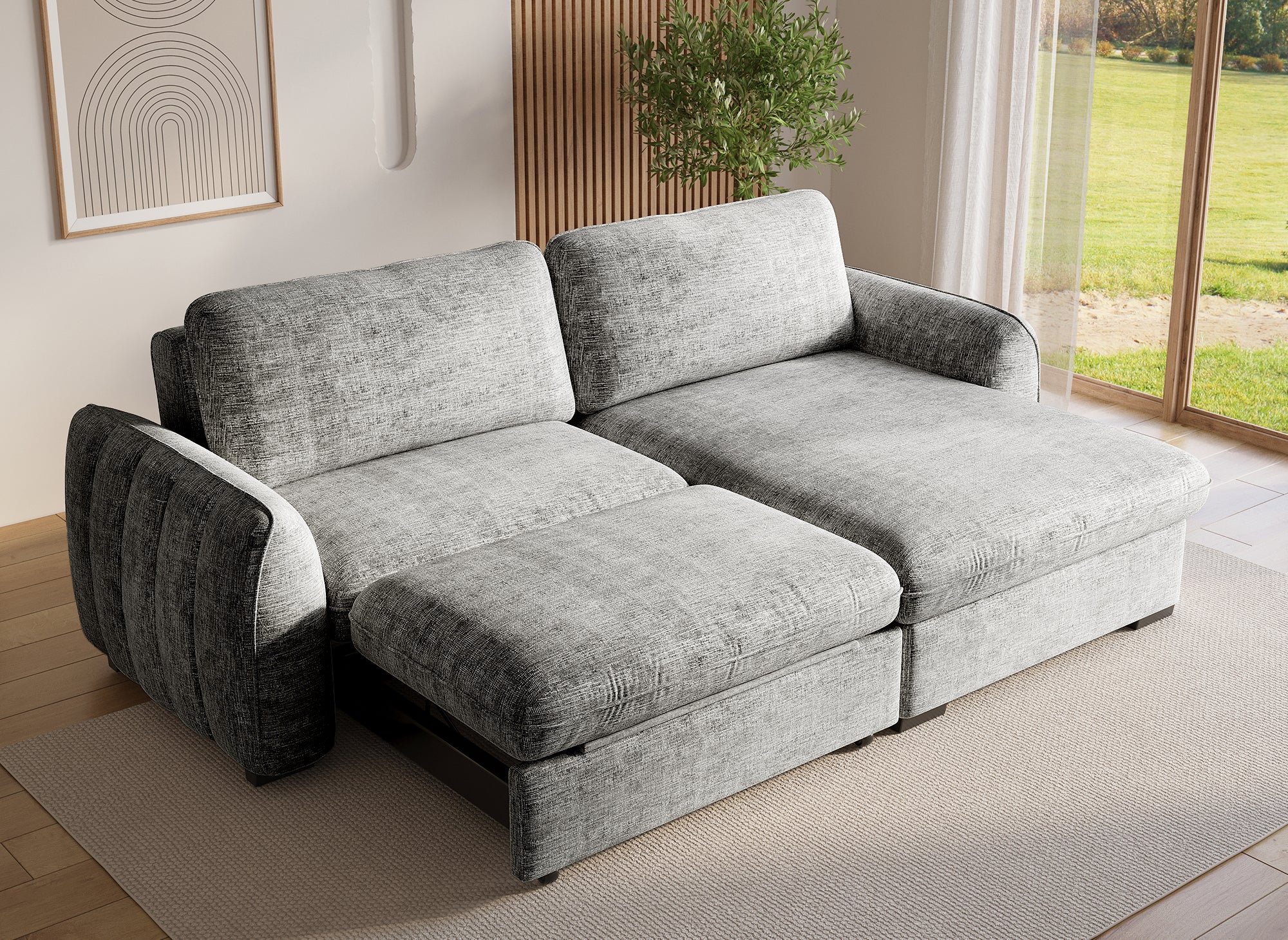 Sofá esquinero convertible y reversible LIORA con almacenaje en terciopelo gris jaspeado