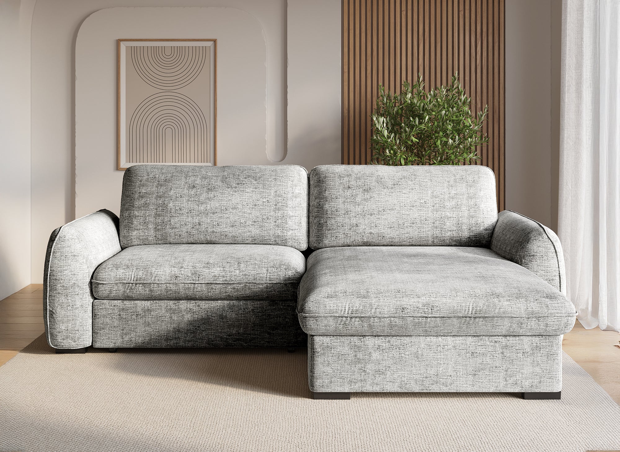 Sofá esquinero convertible y reversible LIORA con almacenaje en terciopelo gris jaspeado