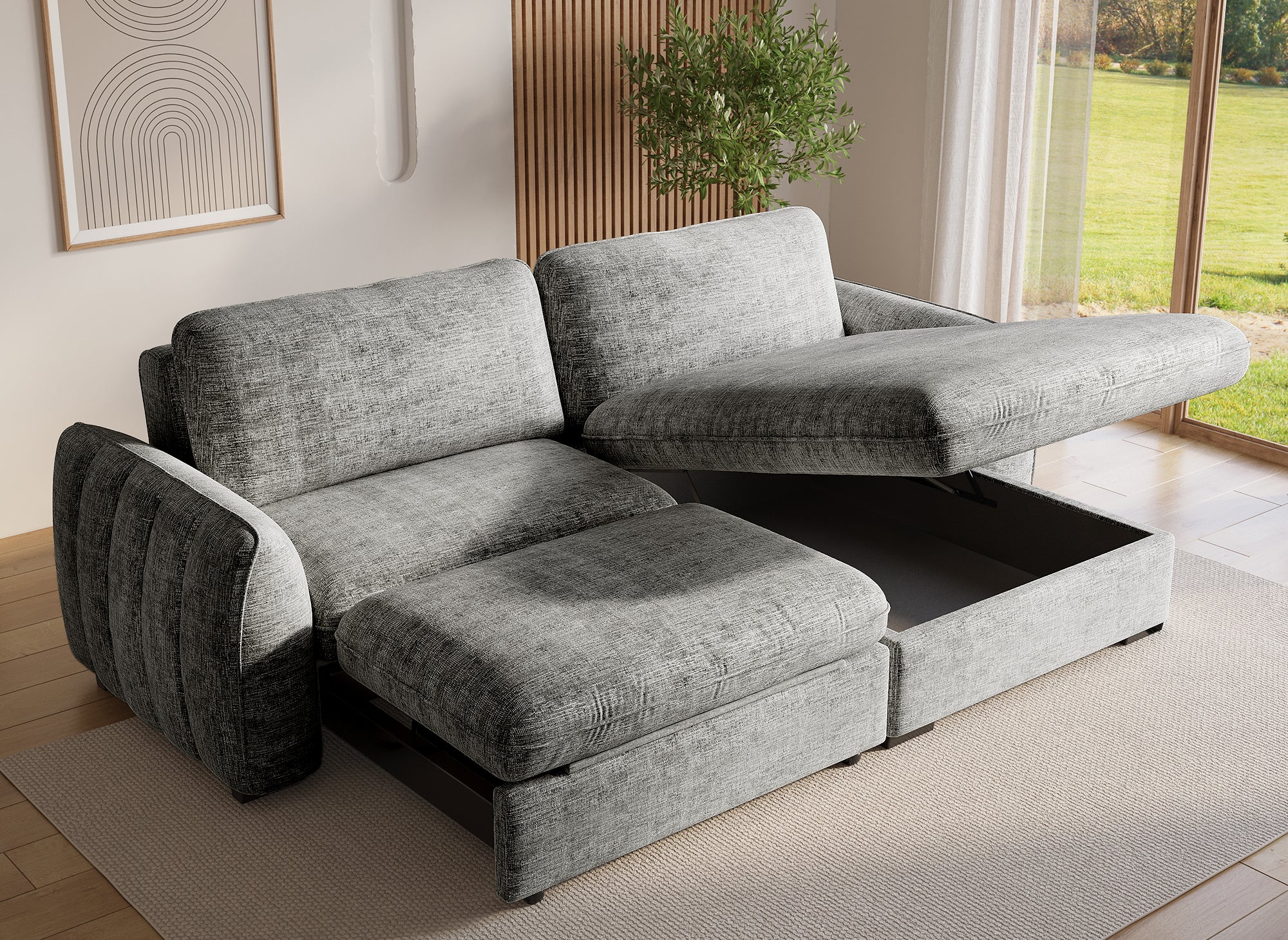 Sofá esquinero convertible y reversible LIORA con almacenaje en terciopelo gris jaspeado