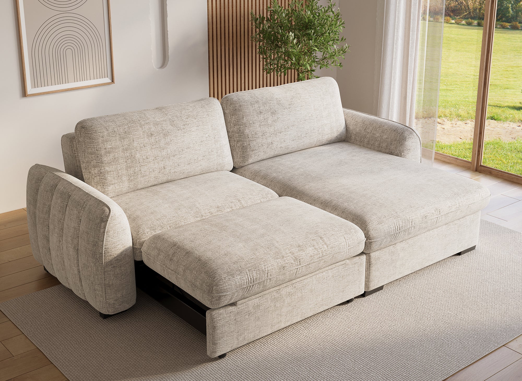 Sofá esquinero convertible y reversible LIORA con almacenaje en terciopelo jaspeado beige