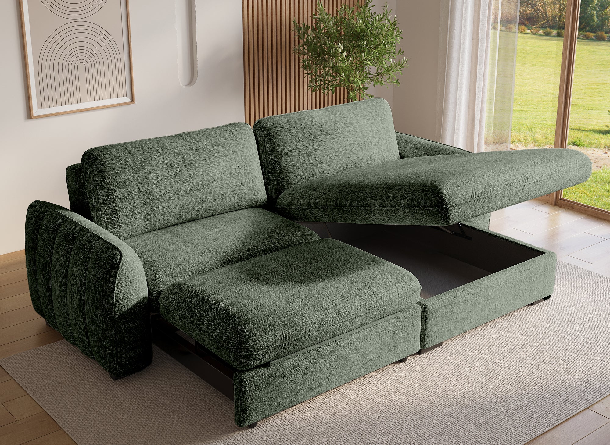 Sofá esquinero convertible y reversible LIORA con almacenaje en terciopelo verde caqui jaspeado