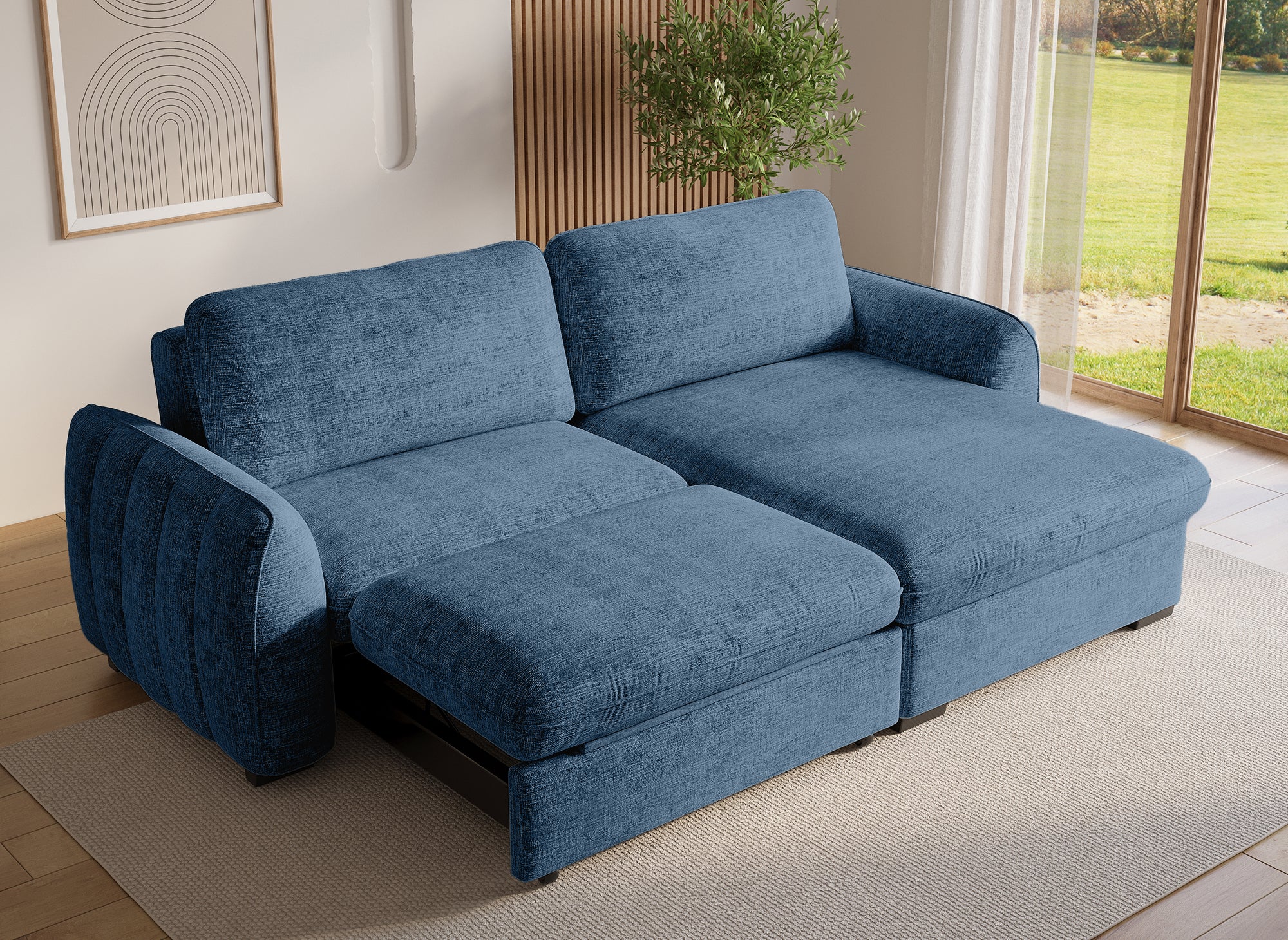 Sofá esquinero convertible y reversible LIORA con almacenaje en terciopelo azul jaspeado