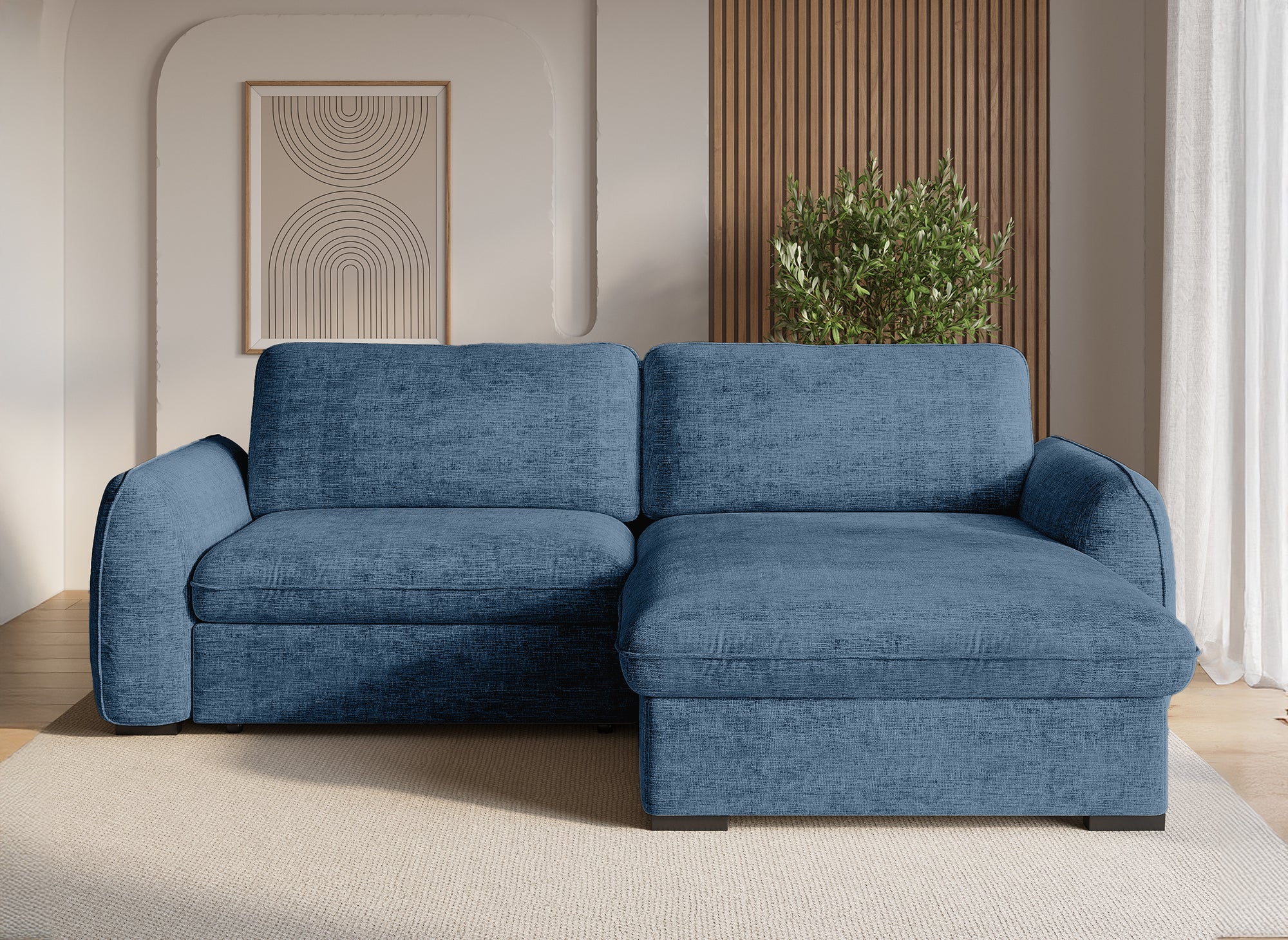 Sofá esquinero convertible y reversible LIORA con almacenaje en terciopelo azul jaspeado